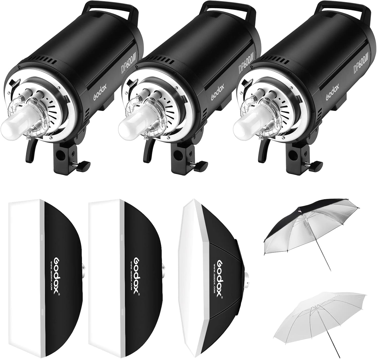 Godox 3Pack DP600III Speedlite Studio Flash Strobe Monolight Kit,1800Ws Bowens Mount Photography Lighting with Softbox,Umbrella,Barndoor Kit for Location and Studio Video Shooting,Portrait