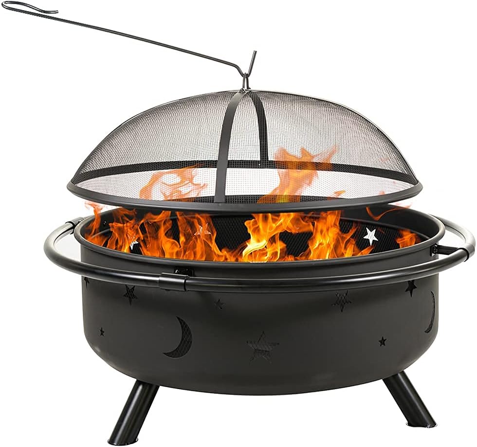 Outdoor Fire Pit- 36 Inch Large Fire Pit Outdoor Wood Burning Firepit with Round Spark Screen, Metal Grate and Fire Poker, for Bonfire Wood Burning Steel Patio,Backyard Firepit