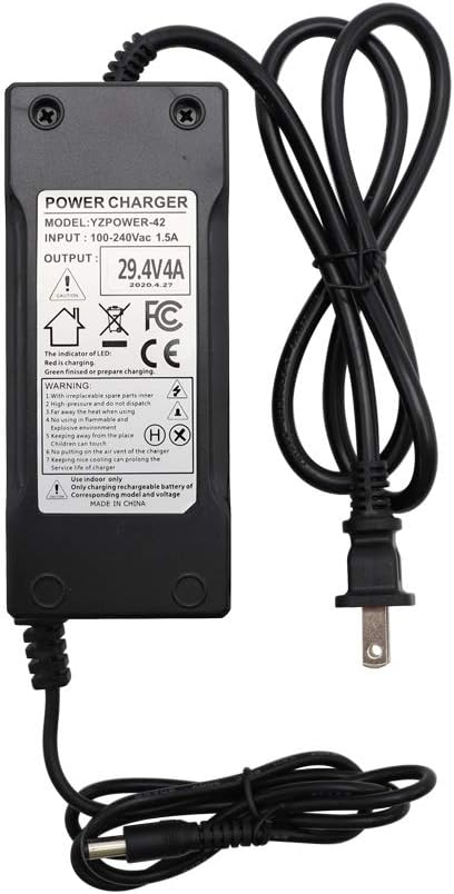 29.4V 4A AC/DC Power Adapter Charger 24V 4A for 24V 7S Lithium Li-ion Battery, 5.5x2.1mm DC Plug with 5.52.5mm Tip