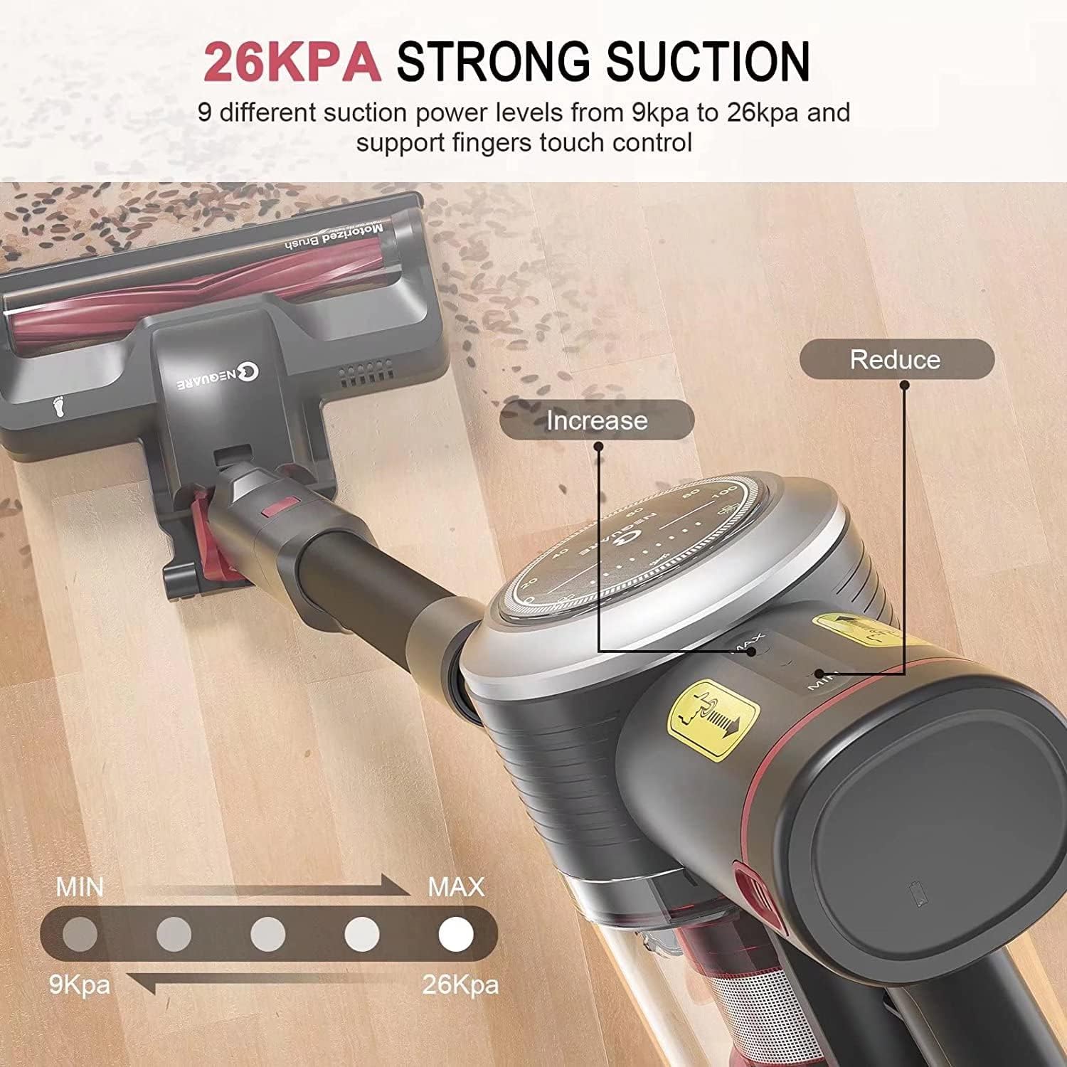 Cordless Vacuum Cleaner, 26000Pa Strong Suction 280w Stick Vacuum Cleaner with Detachable Battery, Self-Standing, LED Display and Storage Rack, 4 in 1 Lightweight Deep Clean S26