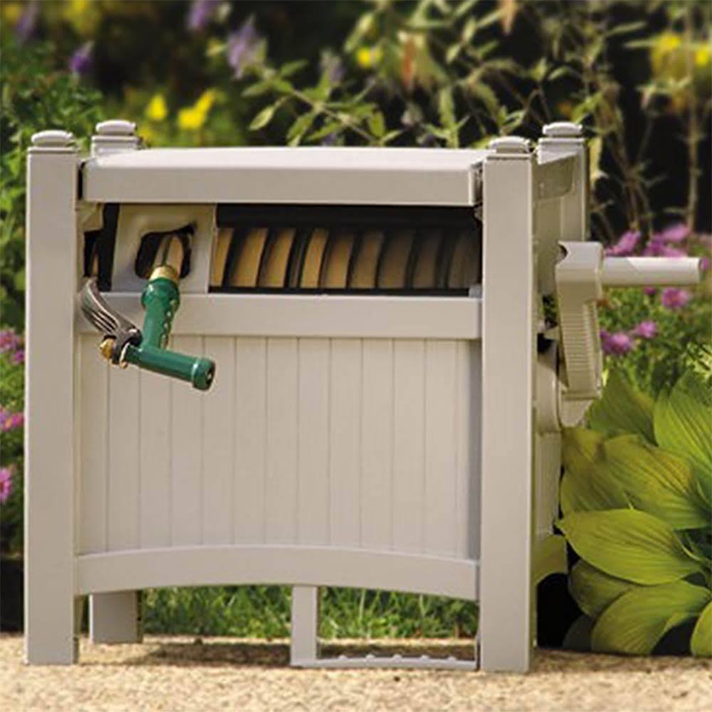 Suncast 100' Slide Trak Resin Garden Hose Reel Hideaway, Light Taupe (2 Pack)