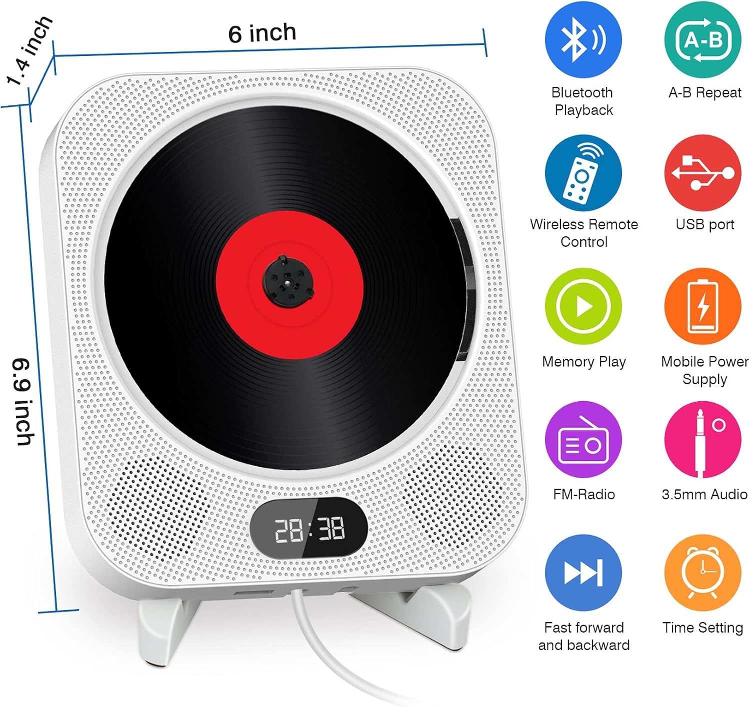 Portable CD Player with Bluetooth, FANGOR Wall Mounted CD Player Home Audio Boombox Music Player with Remote Control FM Radio, Built-in HiFi Speakers, Jack AUX Input, Support CD/USB/TF Pack of 2