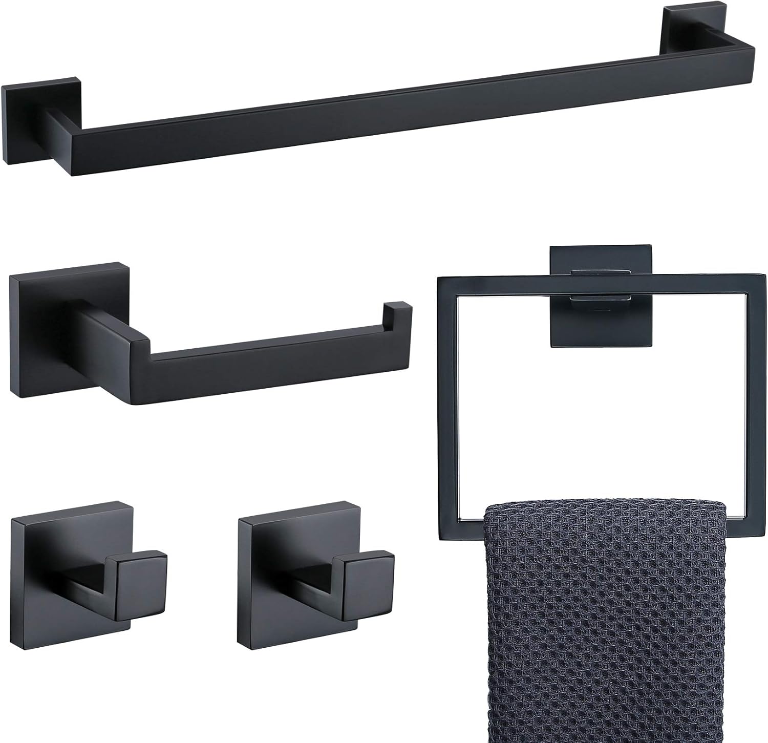 TNOMS 5 Pieces Bathroom Hardware Accessories Set Matte Black Towel Bar Set Wall Mounted,Stainless Steel,23.6-Inch.