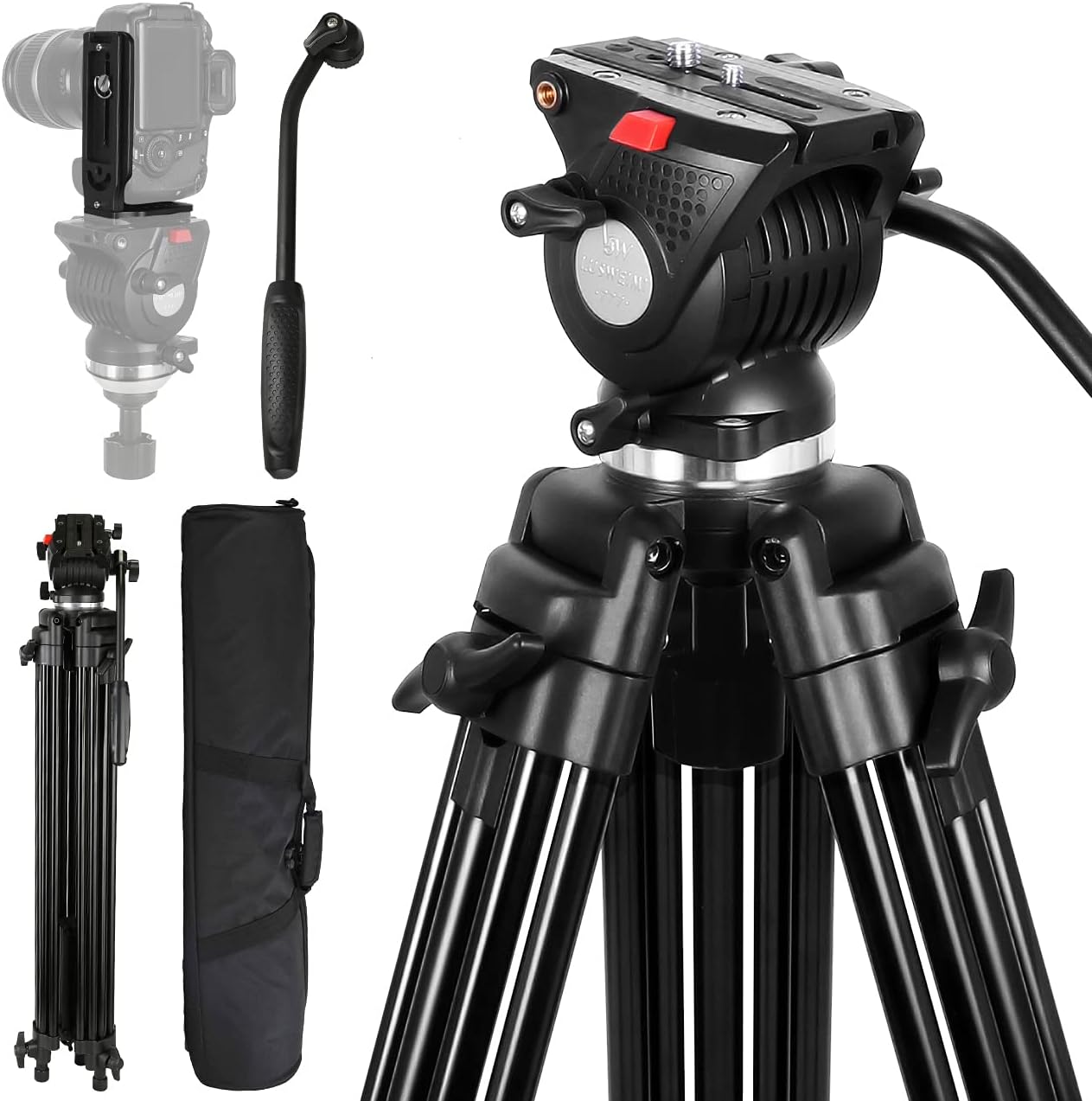 Heavy Duty Camera Tripod, Lusweimi 75 inch Professional Aluminium Tripod with Fluid Head, Quick Release Plate and Mid-Level Spreader for DSLR Cameras, Max Load 15.4 Lbs w/Vertical Shooting L Bracket