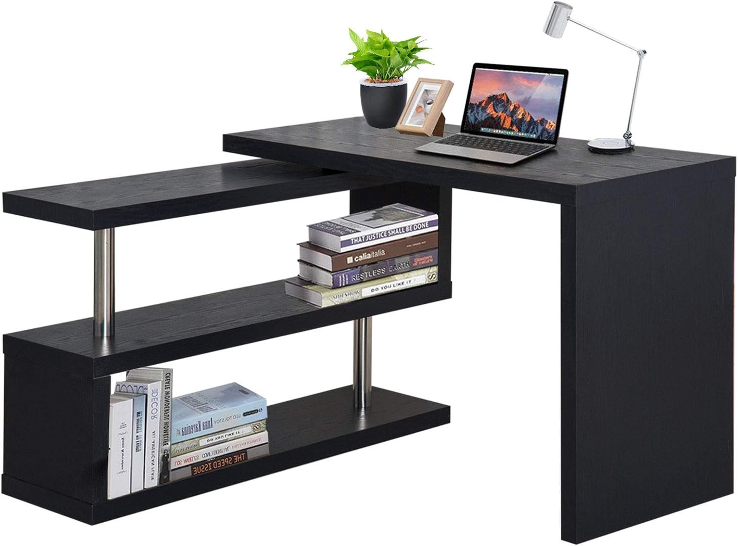 HOMCOM 360&deg; Rotating Corner Computer Desk Modern L-Shaped Home Office Workstation with 2 Storage Shelves, Bookshelf, Black