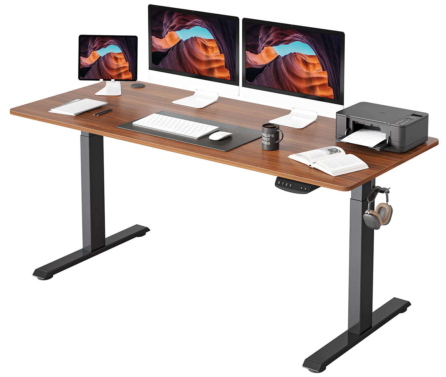 FEZIBO Height Adjustable Electric Standing Desk, 48 x 24 Inches Stand up Table, Sit Stand Home Office Desk with Splice Board, Black Frame/Rustic Brown Top