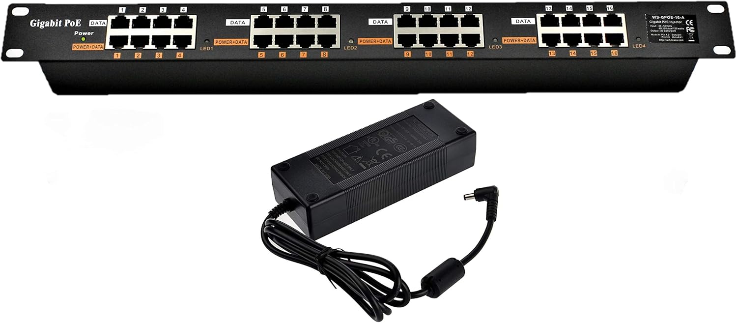 PoE Texas GPOE-16A-48v120w | Passive 802.3af Power Over Ethernet Injector for 16 PoE Cameras, IP Phones, WiFi Access Points and More | Includes 48 Volt Power Supply