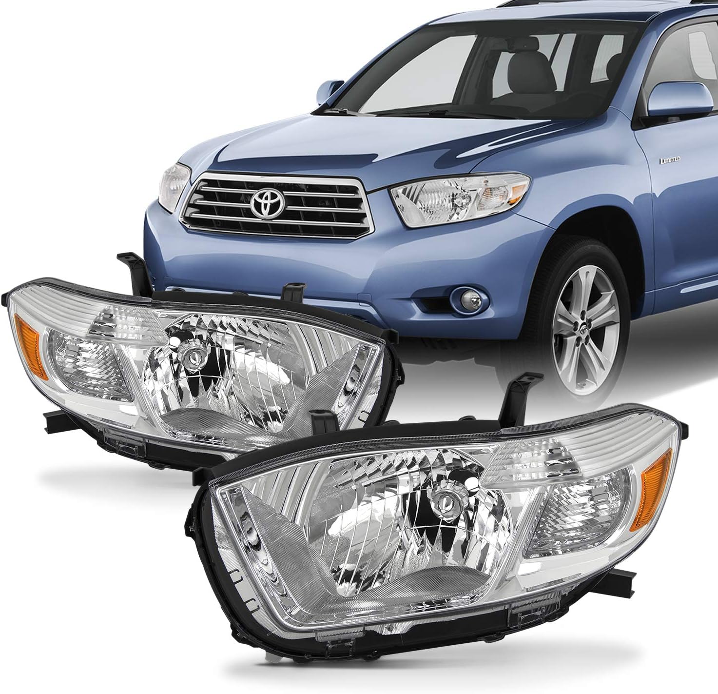 AKKON - Fits 2008 2009 2010 Toyota highlander [Halogen Type] Chrome Headlights Pair Left+Right Replacement