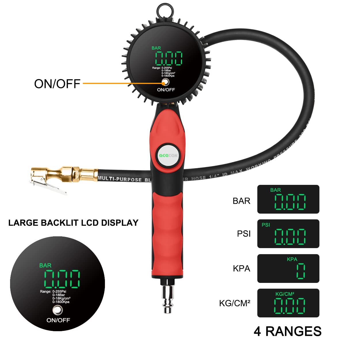 Digital Tire Inflator with Pressure Gauge, 255PSI Air Chuck LCD Display 0.1 Resolution Tire Pressure Gauge, Heavy Duty Air Compressor Accessories with Rubber Hose and Quick Connect Coupler Men Gift Pack of 2