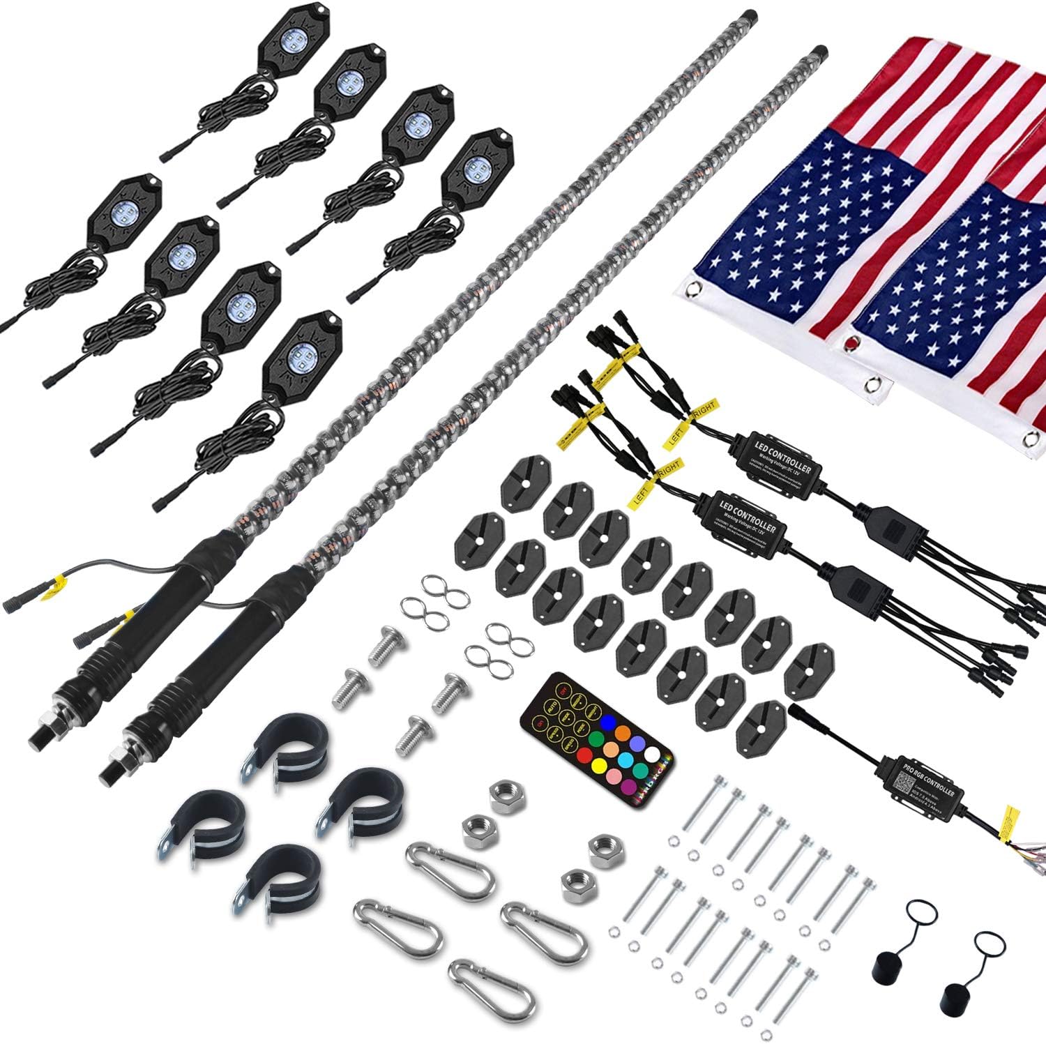 OHMU 2Pcs 4FT LED Whip Lights and 3rd-Gen Rock Lights Package with Bluetooth and Remote Control 360&deg; Spiral Chase RGB 8 Pods Neon Light Offroad Warning Lighted Antenna Whip