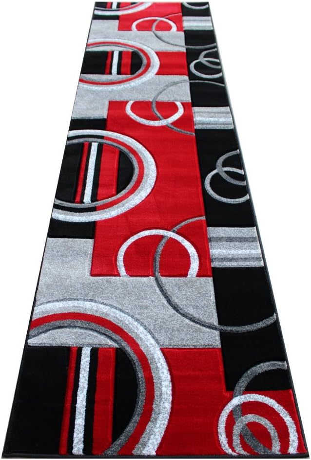 Masada Rugs, Sophia Collection Hand Carved Area Rug Modern Contemporary Red Grey White Black (2 Feet 8 Inch X 10 Feet) Runner