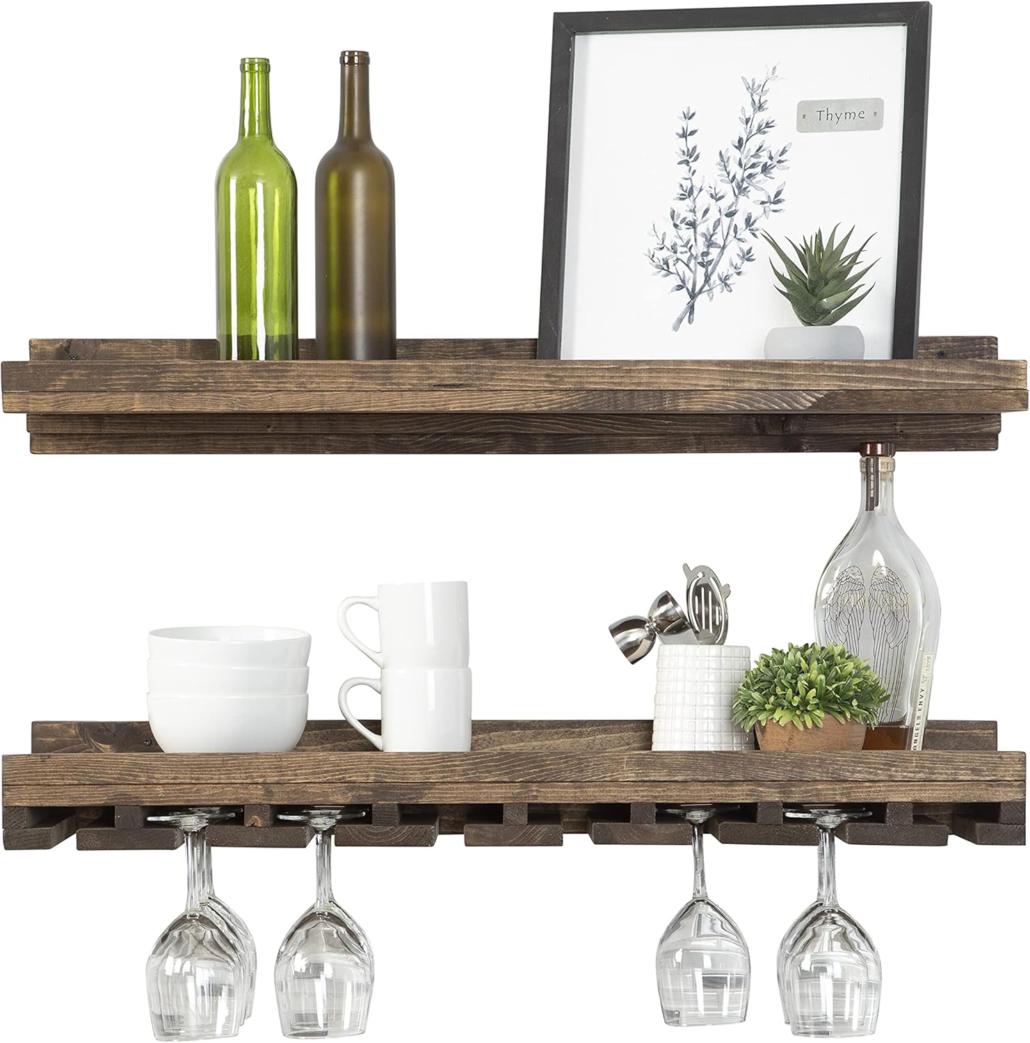 del Hutson Designs Rustic Luxe 24 Inch Real Wood Farmhouse Floating Wall Mounted Stemware Holder Rack and Wine Bottle Shelf Set, Grey Pack of 2