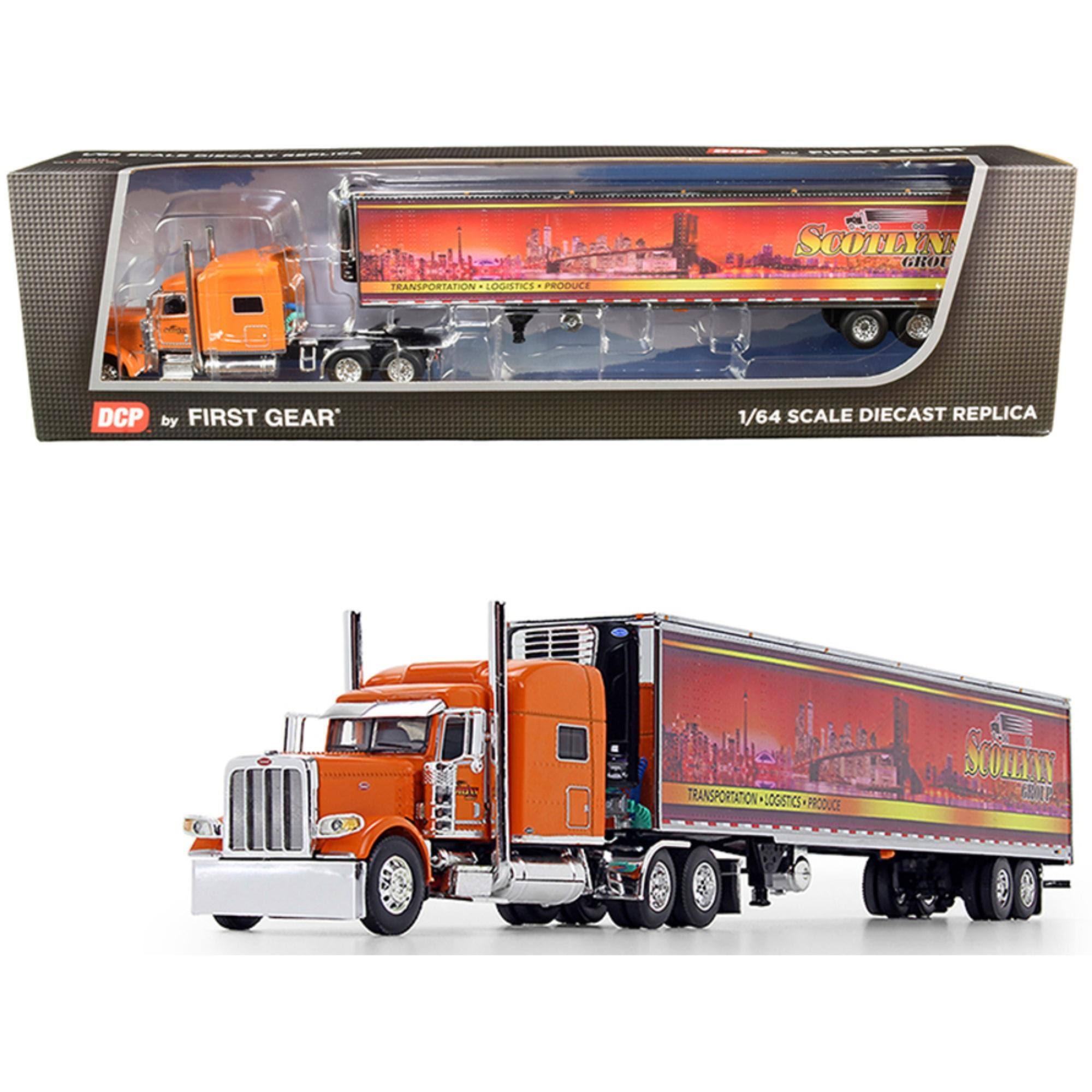 First Gear Peterbilt 389 70 Mid-Roof Sleeper Cab Tractor Truck with 53& Utility Reefer Refrigerated Trailer Scotlynn Group Orang