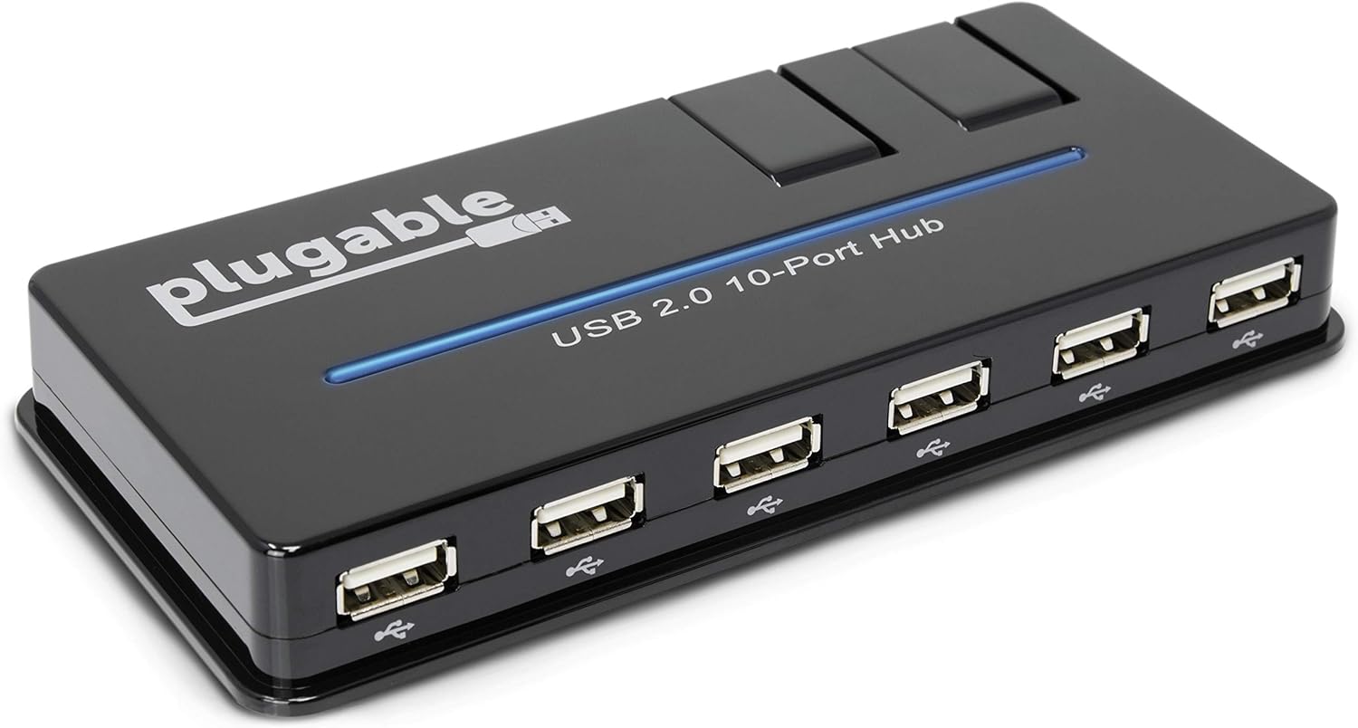 Plugable USB Hub, 10 Port - USB 2.0 with 20W Power Adapter and Two Flip-Up Ports Pack of 2