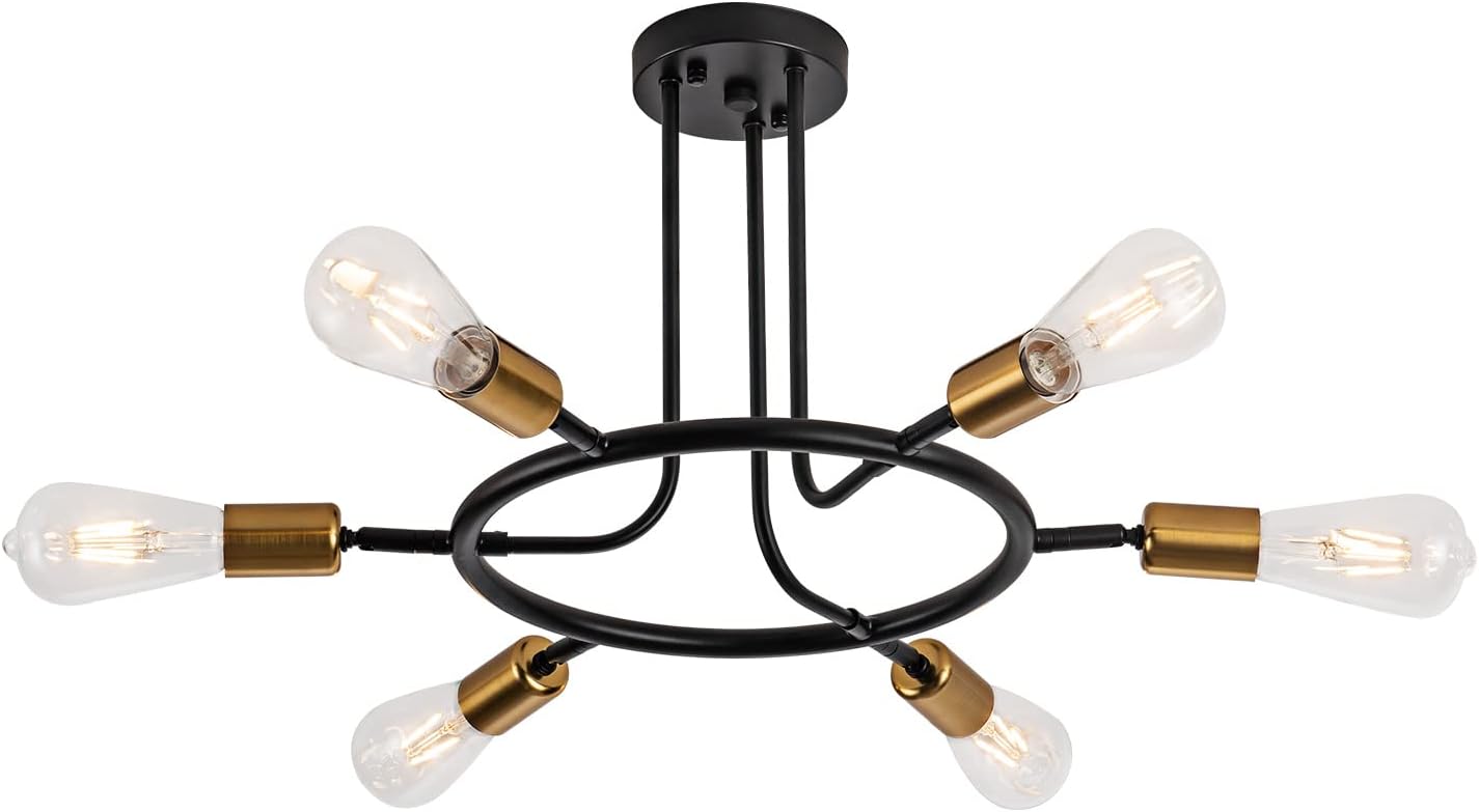 Brfaixla Vintage Semi Flush Mount Ceiling Light Fixture with Round Rudder Shape Black Gold 21
