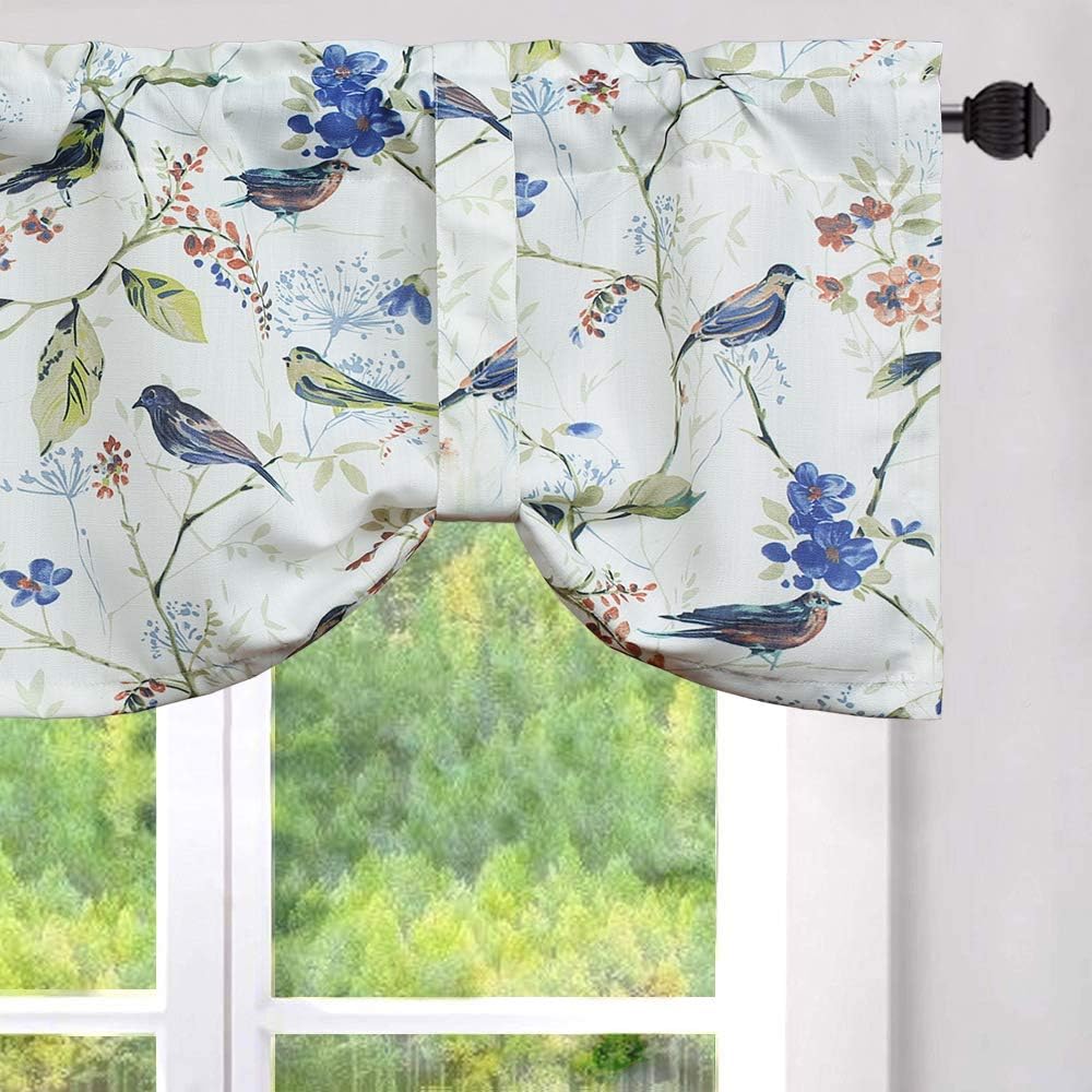 Leeva Birds Vines Printed Semi-Blackout Curtains Valances for Kitchen Bath Laundry Bedroom Living Room, Rod Pocket Valance for Windows, 52 x 18 Inch, Grey Birds, One Panel