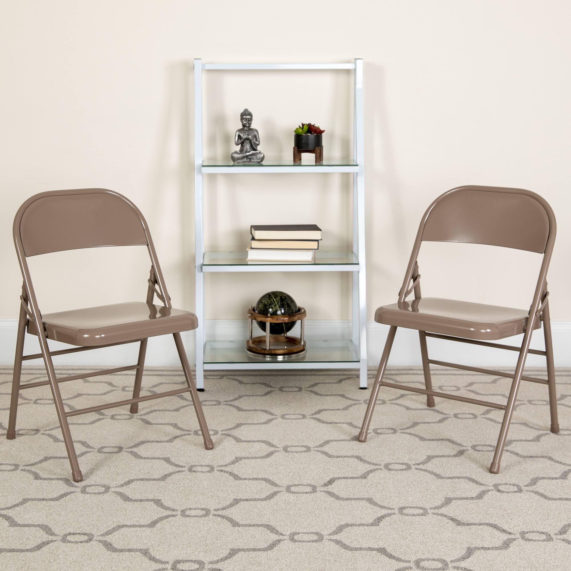 Emma and Oliver 2 Pack Triple Braced u0026 Double Hinged Beige Metal Folding Chair