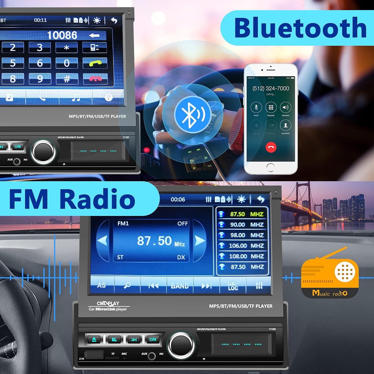 Podofo Single Din Car Stereo Bluetooth 7 Inch Motorized Flip Out Touchscreen Car Radio in Dash Head Unit Support FM AUX USB SD Mirror Link with Backup Camera