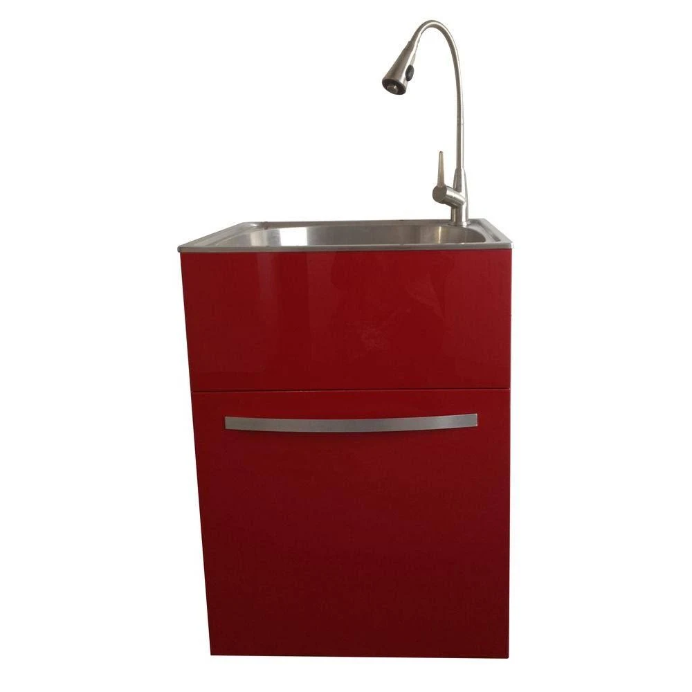 Glacier Bay All-in-One 24.2 in. x 21.3 in. x 33.8 in. Stainless Steel Utility Sink and Large Empire Red Drawer Cabinet, High Glo
