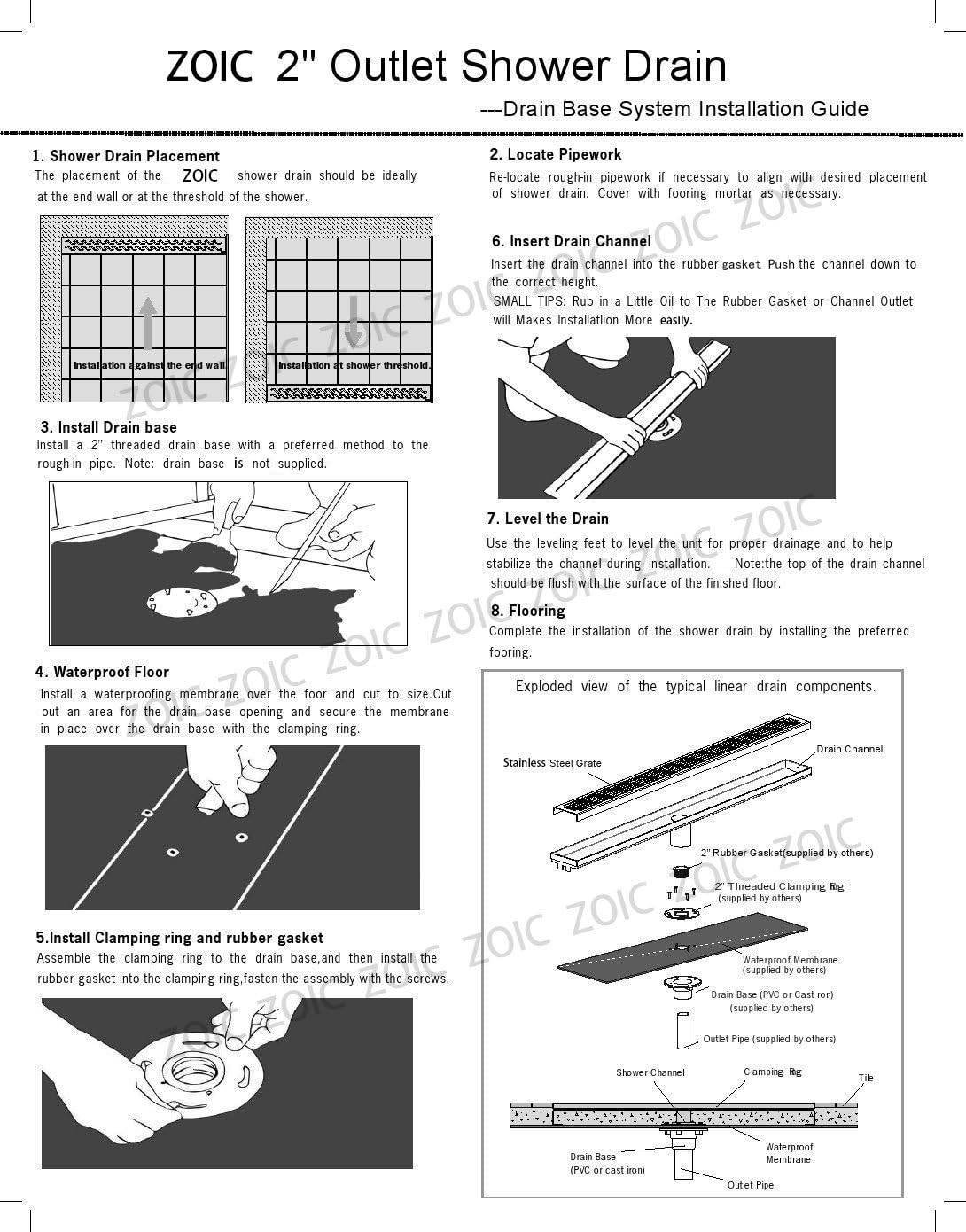ZOIC Linear Stealth Tile Insert Floor Grate Bathroom Shower Waste Drain 304 Stainless Steel Side Outlet 35.43 Inches (900MM) Pack of 2