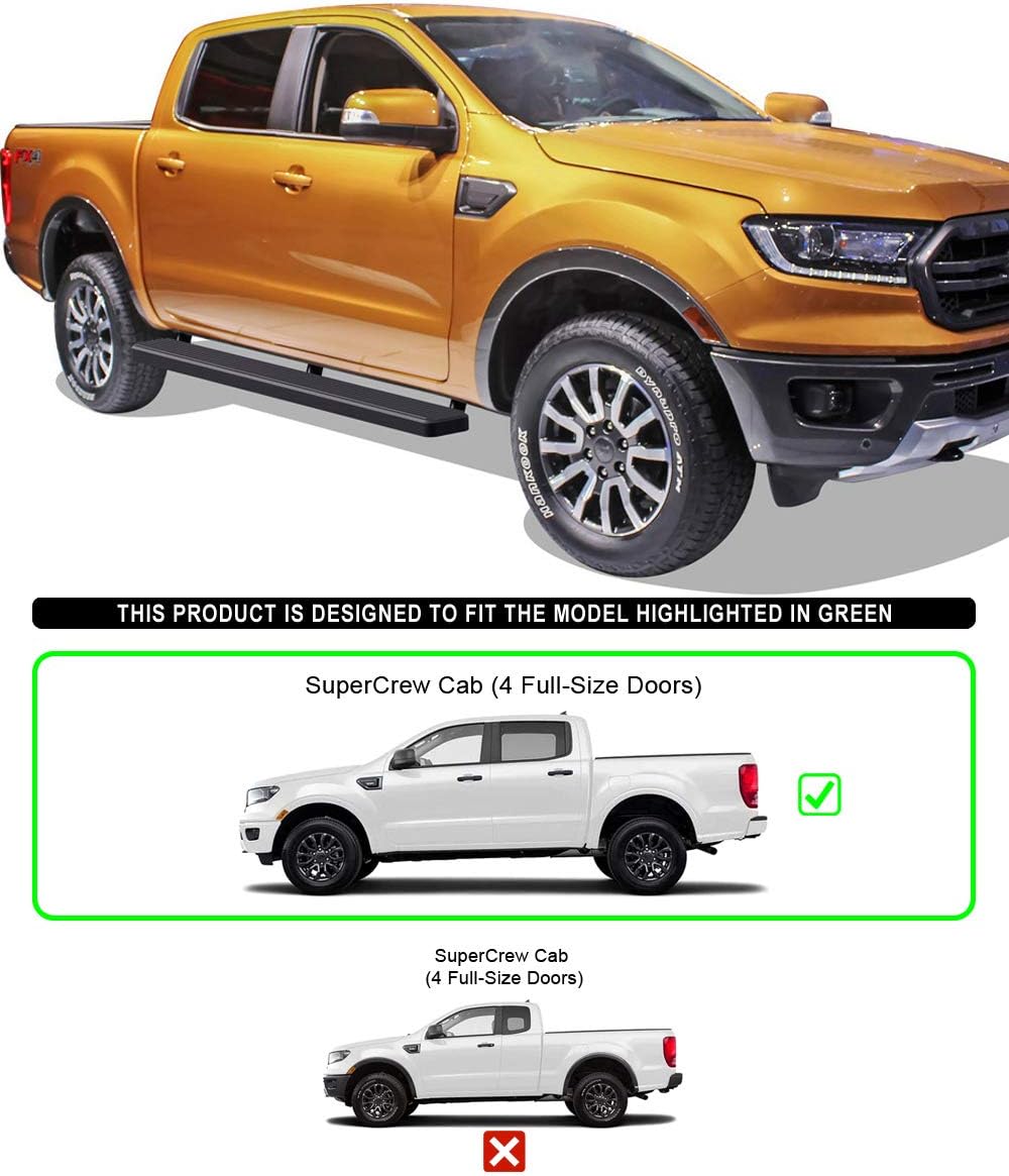 APS Premium 6in Black iBoard Running Boards Compatible with Ford Ranger SuperCrew Cab 19-22
