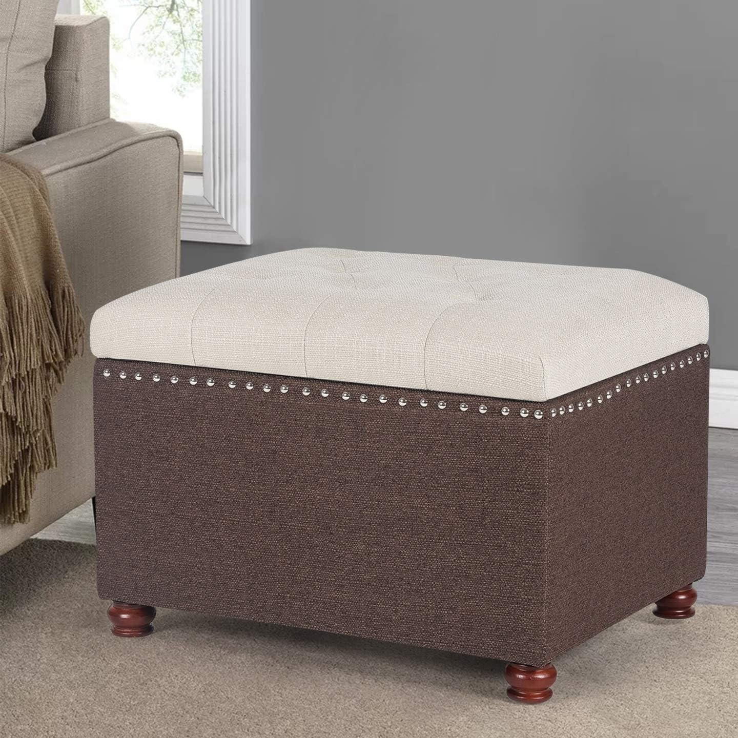 Adeco High End Classy Tufted Accents Rectangular Storage Bench Ottoman Footstool, Blue