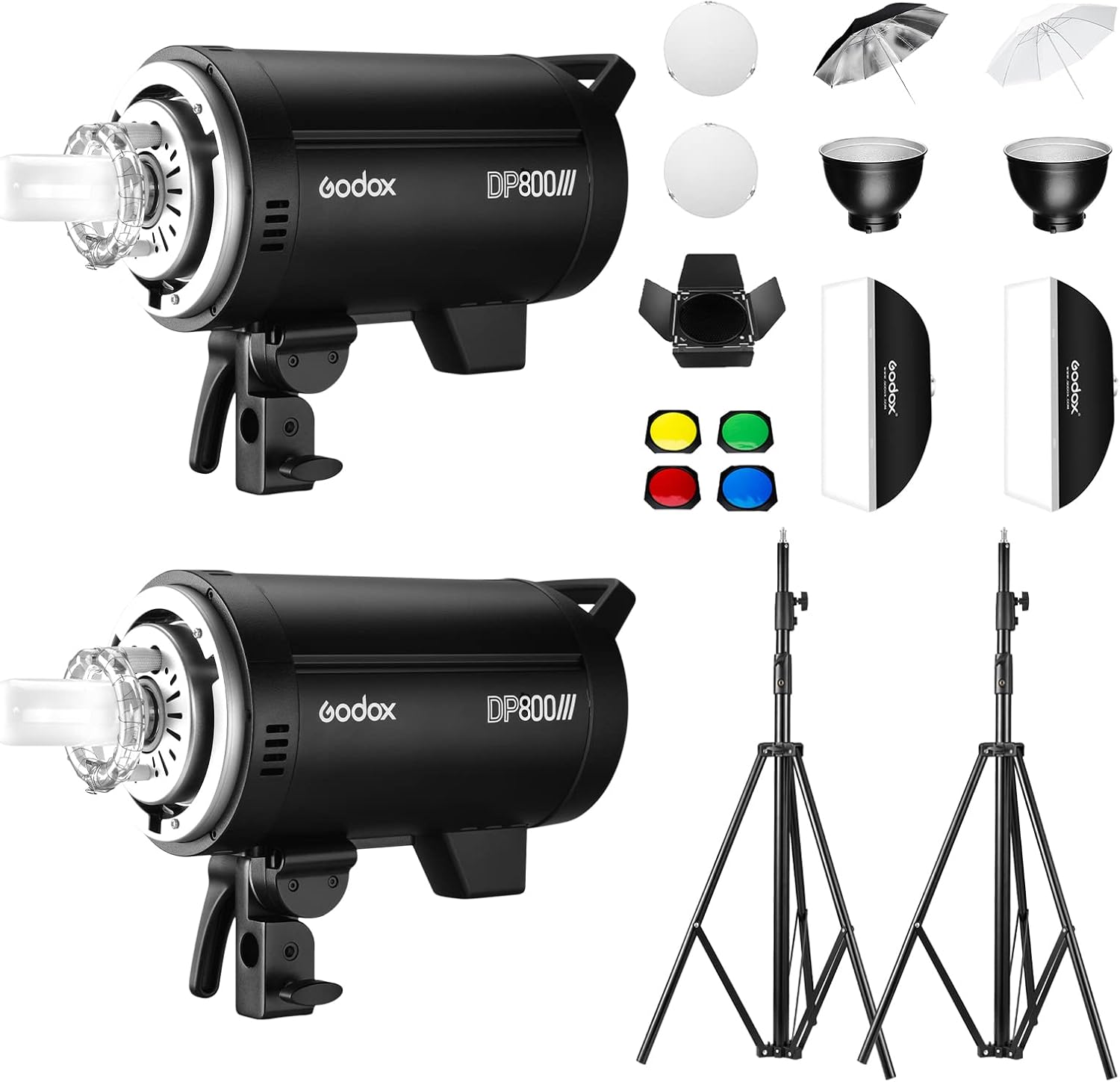 Godox 2Pack DP800III Speedlite Studio Flash Strobe Monolight Bowens Mount Kit for Studio Photography Shooting,Portrait or Video Location with Light Stand,Softbox,Umbrella,Barn Door Kit.