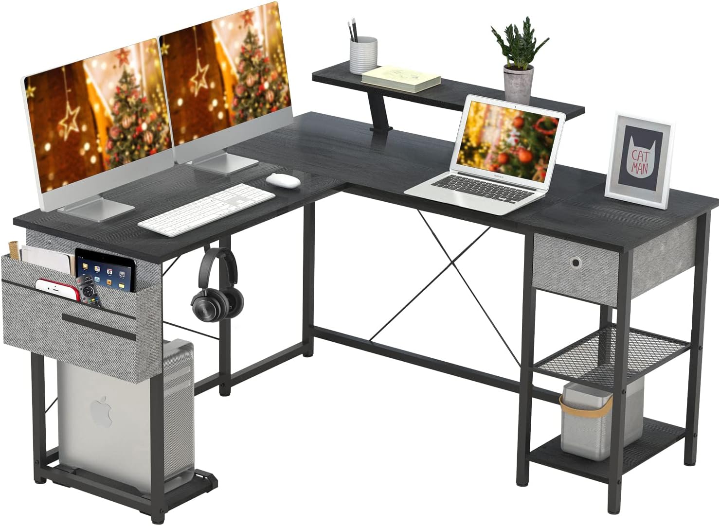 SUAYLLA L Shaped Desk, Multifunctional Computer Gaming Desk with Storage and Desktop Hook, L Shape Corner Reversible Industrial Table with Shelves Home Office Study Writing Workstation, Black