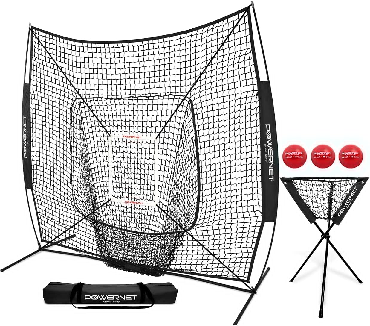 PowerNet DLX Combo 6 Piece Set for Baseball Softball | 7x7 Practice Net Bundle w/Strike Zone, Ball Caddy + 3 Weighted Training Balls | Team or Solo Training | Hitting & Throwing