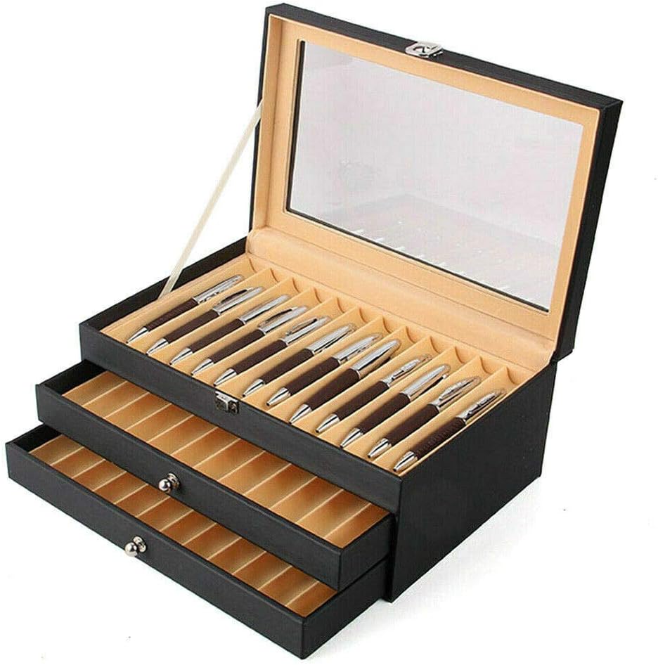36Piece Wood Pen Display Box Glass Pen Display Case Storage Fountain Pen Collector Organizer Box with Lid Glass Window 3 Layers with Drawer Black (36 PEN,Black)
