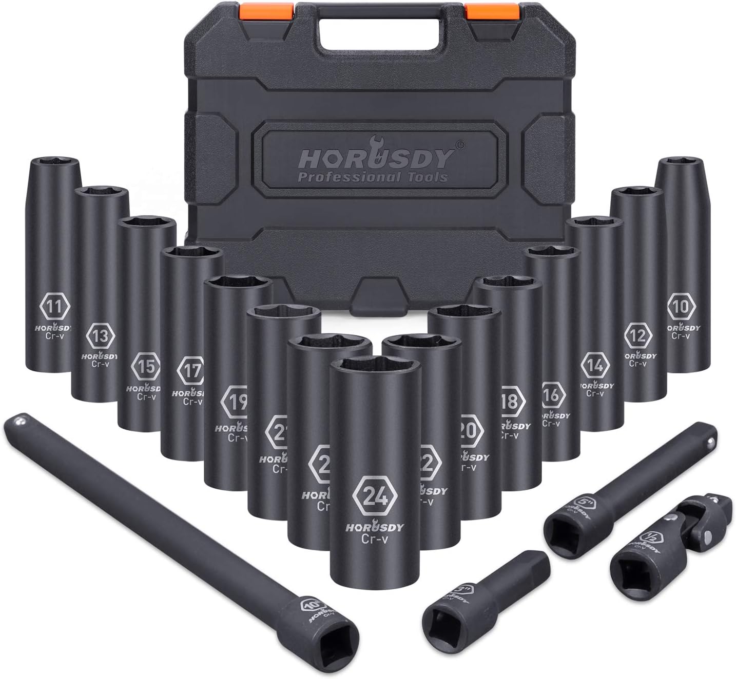 HORUSDY 1/2-Inch Drive Deep Impact Socket Set, 19-Piece 10mm - 24mm 6-Point Metric Drive Impact Sockets Set