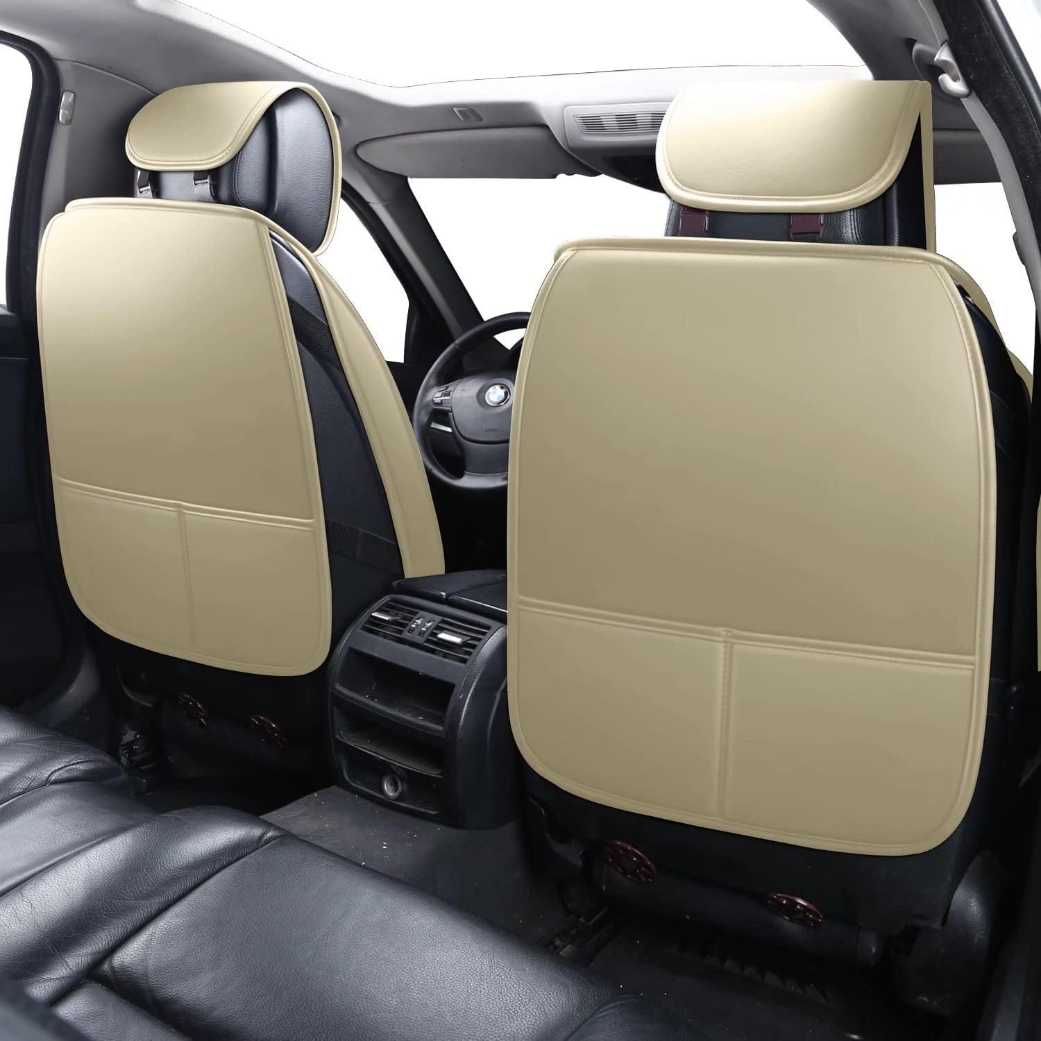 LEIOIAIY Car Seat Cover Full Set Beige and Red Leather Car Seat Covers Auto Cushion Covers Universal Fit for Cars SUV Automotive Interior Accessories (5-Pcs Full Set, Beige)