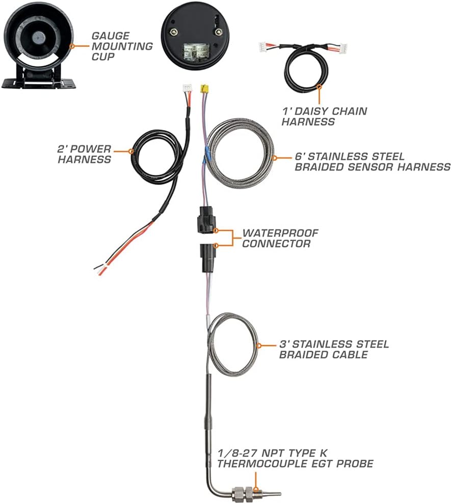 GlowShift Elite 10 Color 2200 F Pyrometer Exhaust Gas Temperature EGT Gauge Kit - Includes Type K Probe - Black Dial - Tinted Lens - Peak Recall Function - for Car & Truck - 2-1/16
