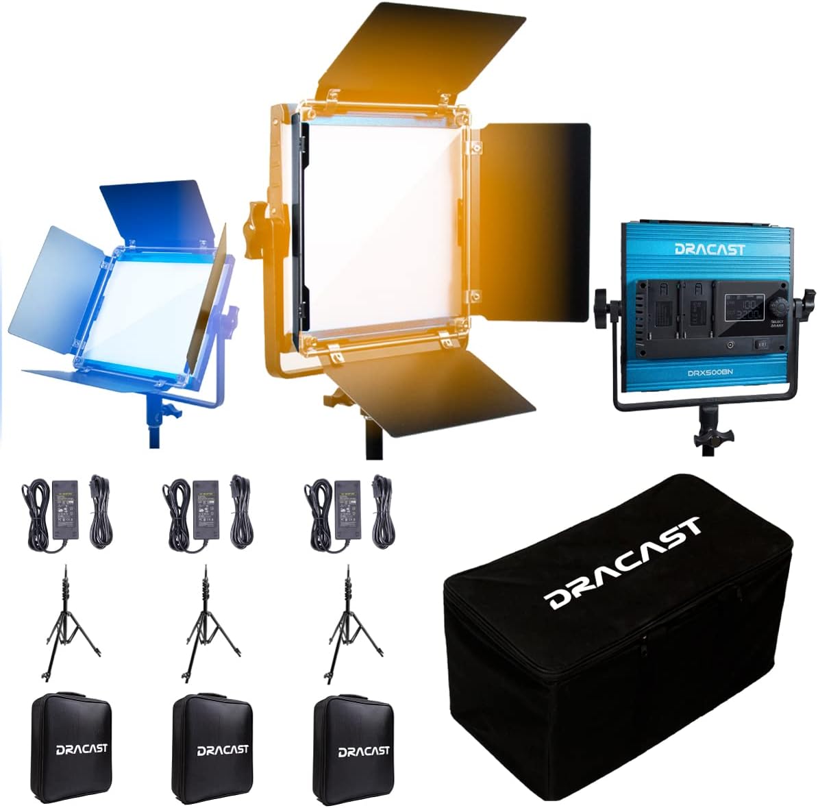 Dracast X Series LED500 Kit - 3 Pack Includes Panel Lights, Stands, Barndoors, Travel Case | Bluetooth App Control | Bicolor LED Video Light Kit 3200K - 5600K | Dimmable Lighting 0-100% | CRI TLCI 96+