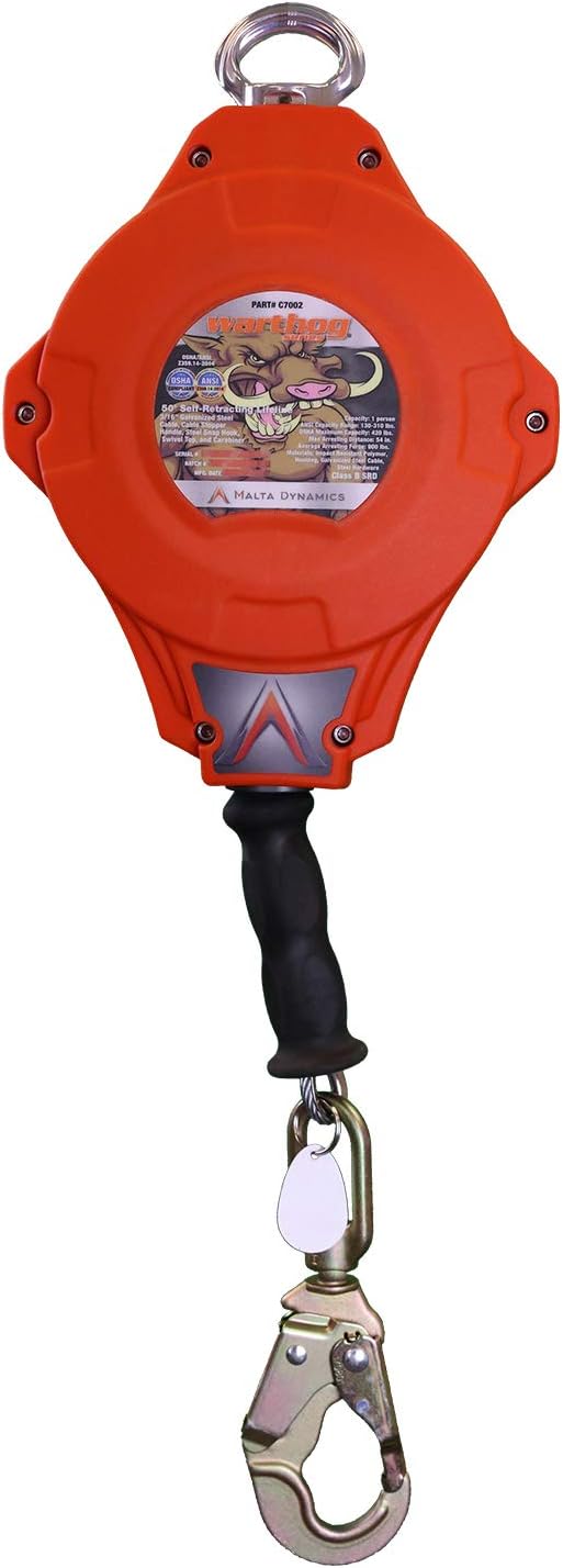 Malta Dynamics Fall Protection, 50-Foot Warthog Series Self-Retracting Lifeline with Steel Snap Hook & Carabiner, OSHA/ANSI Compliant