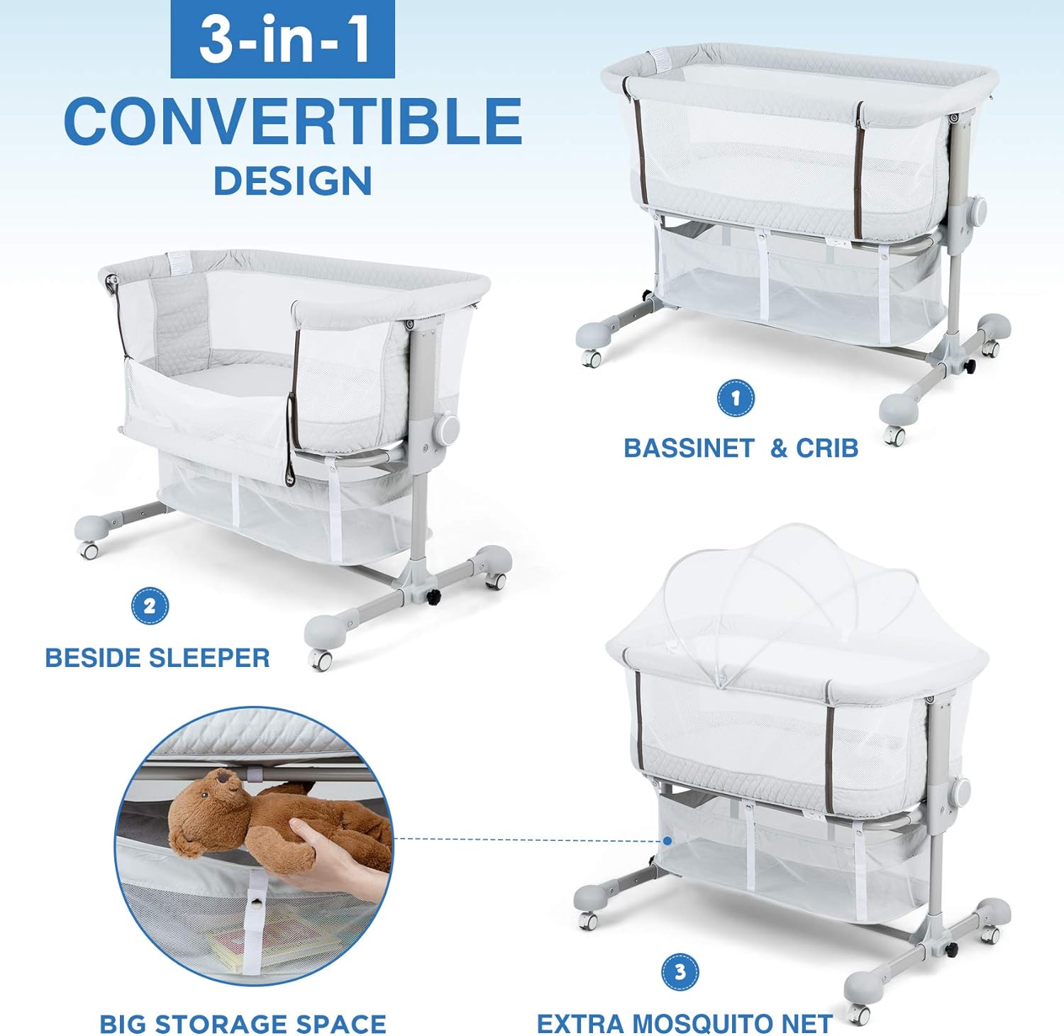 beiens 3-in-1 Baby Bassinet, Baby Crib Bedside Sleeper with Detachable Mosquito Net, 6 Height Adjustable Easy Folding Bassinet Portable Nursery Bed for Infant, Newborn, Baby Boys & Girls