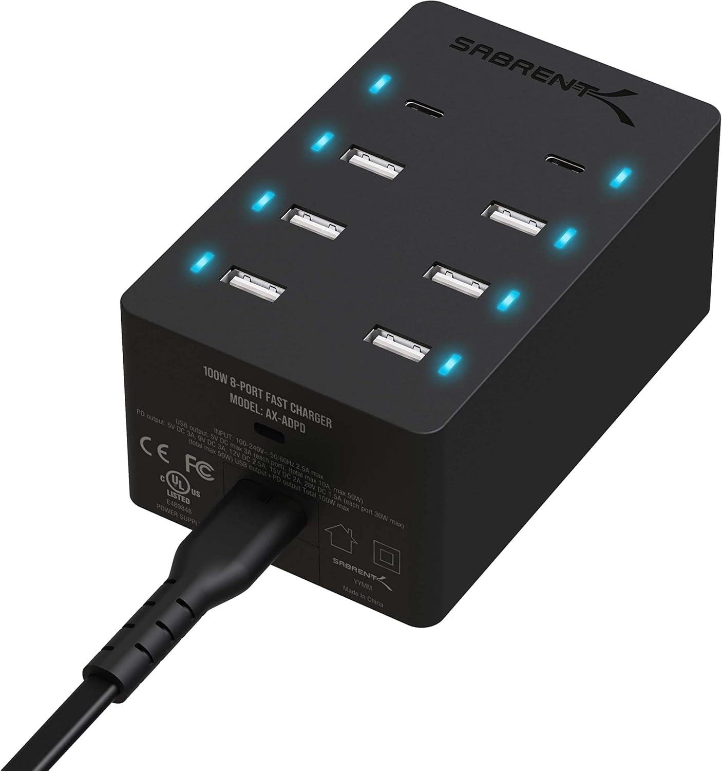 Sabrent 100 Watt 8-Port Family-Sized USB Rapid Charger [UL Certified ] - Includes 2 PD (Power Delivery) Ports (AX-ADPD) Pack of 2