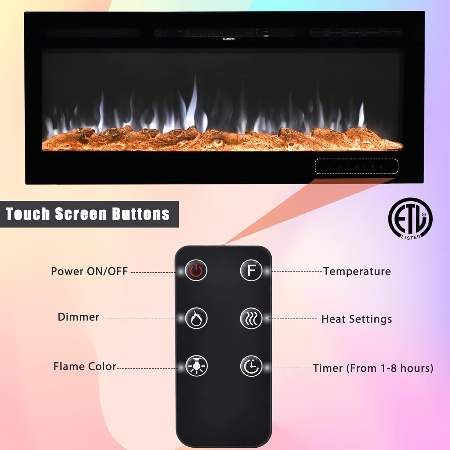 Hootata 50 inch Electric Fireplace Wall Mounted Recessed Fireplace Heaters with Remote Control Temperature Adjustable Timer 9 Flames Settings Crystal&Log Decorations