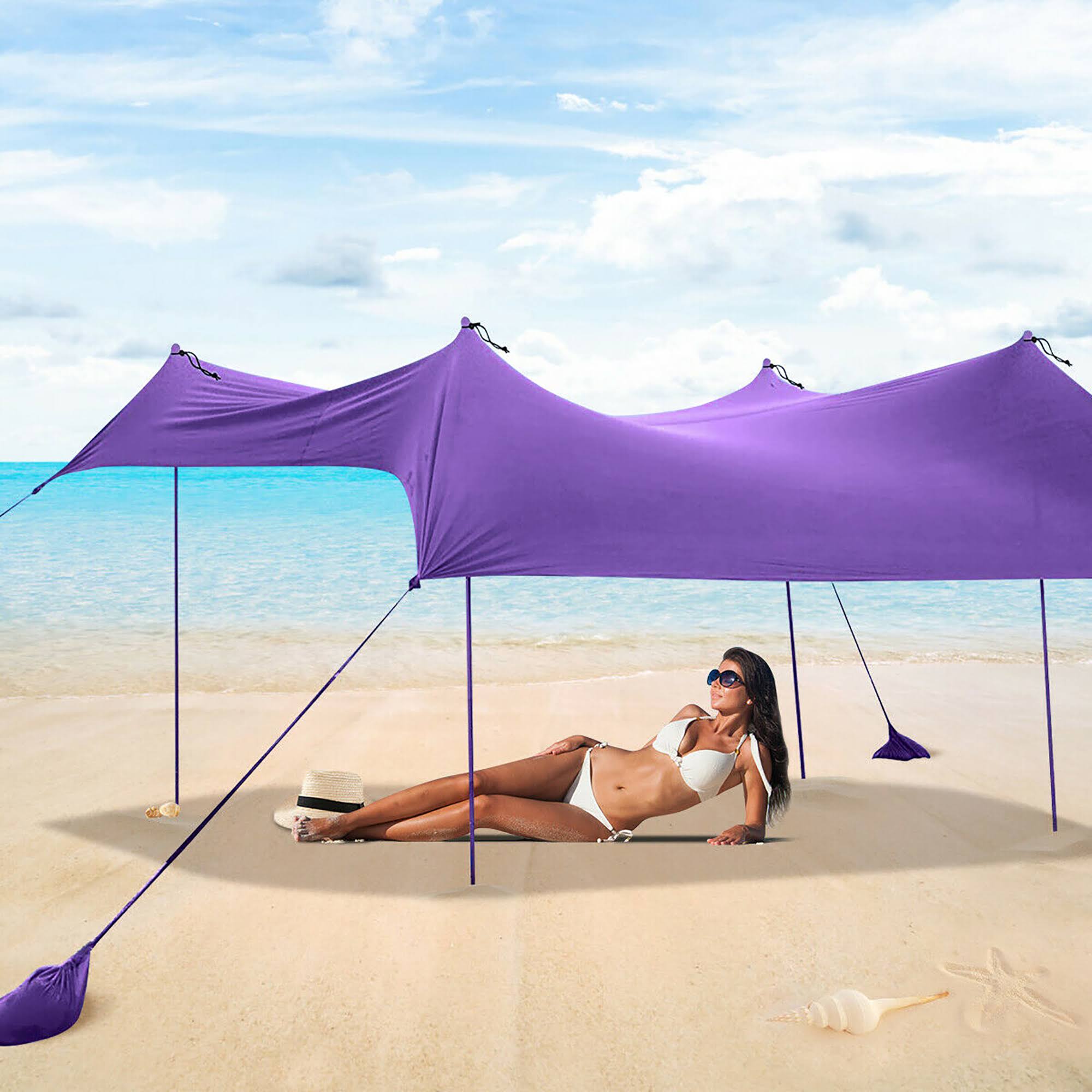 Costway Family Beach Tent Canopy w/ 4 Poles Sandbag Anchors 7&x7& UPF50+ Purple