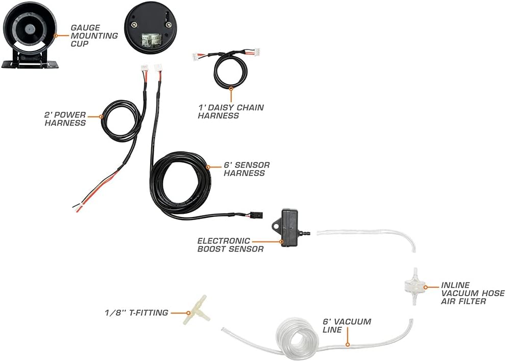 GlowShift Elite 10 Color 30 PSI Boost/Vacuum Gauge Kit - Includes Electronic Pressure Sensor - Black Dial - Tinted Lens - Peak Recall Function - for Car & Truck - 2-1/16