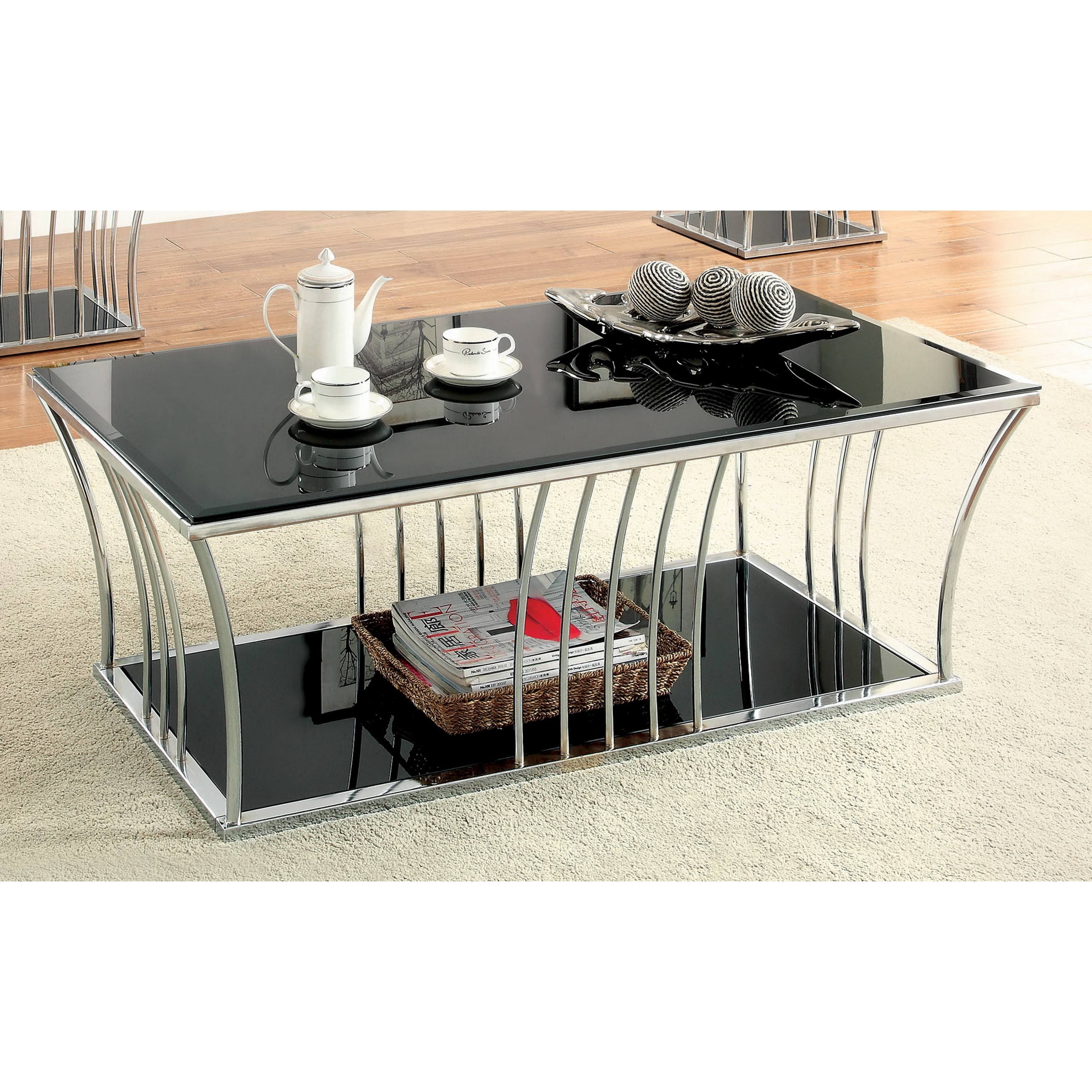 Furniture of America Hice Modern Black 48-Inch Glass-Shelf Coffee Table - Chrome