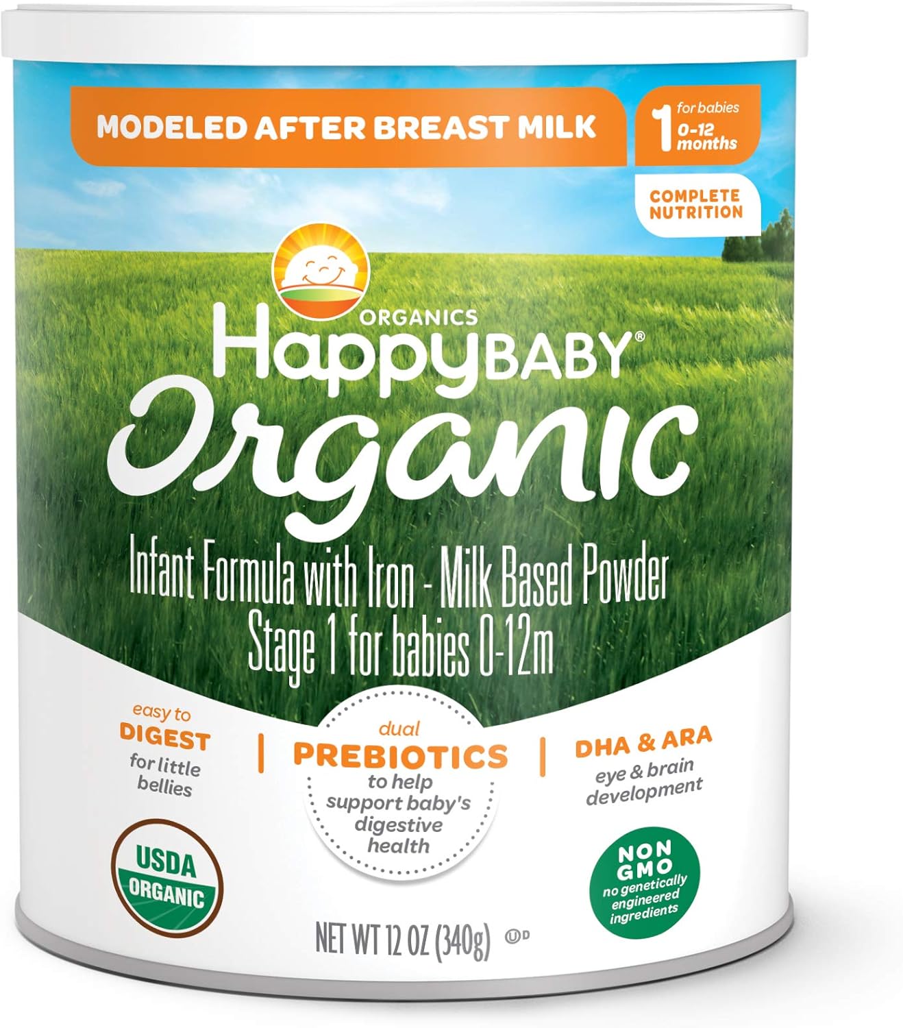 Happy Baby Organics Infant Formula, Milk Based Powder with Iron, Stage 1, 12 Ounce (Pack of 6) packaging may vary