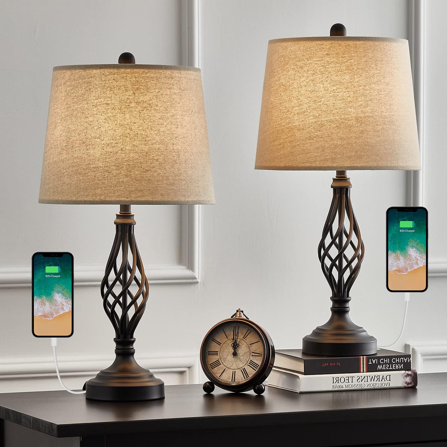 PORTRES 24.25'' USB Table Lamp Set of 2 for Bedroom Modern Farmhouse Bedside Nightstand Lamps for Living Room Study Room Office Kitchen Table Lamps Black