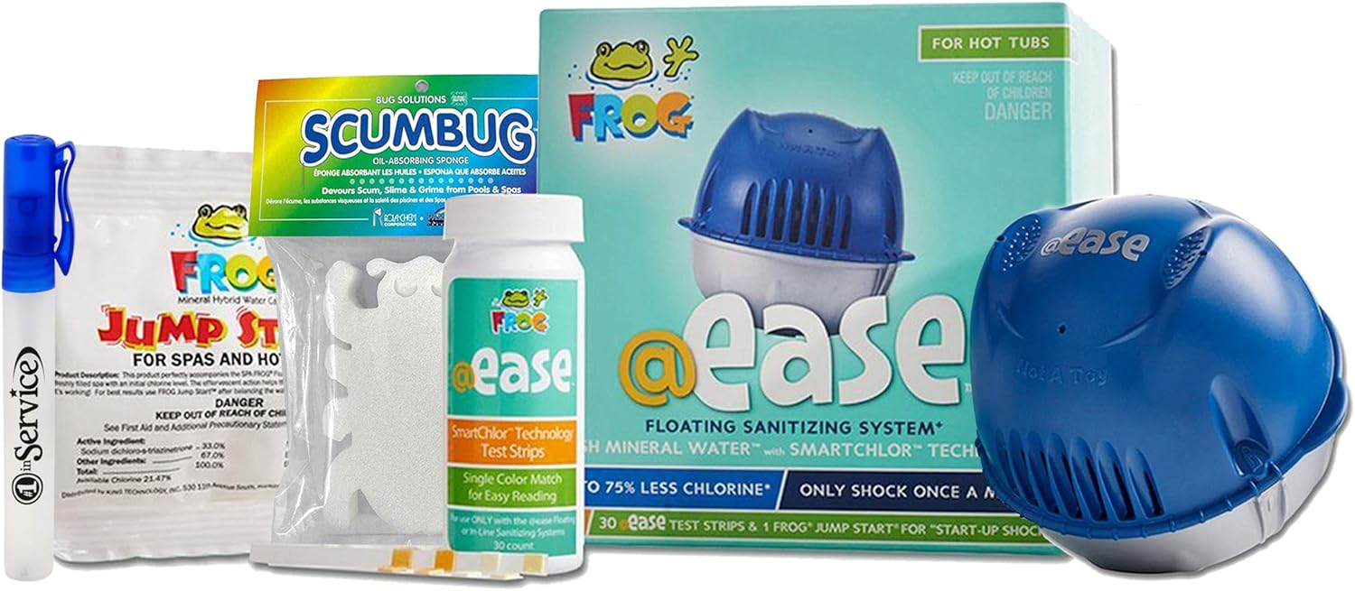 Frog @Ease Floating System, 3 Refill SmartChlor Replacement Cartridges, Jump Start Shock, 30 Test Strips, Hand Sanitizer and Scumbug