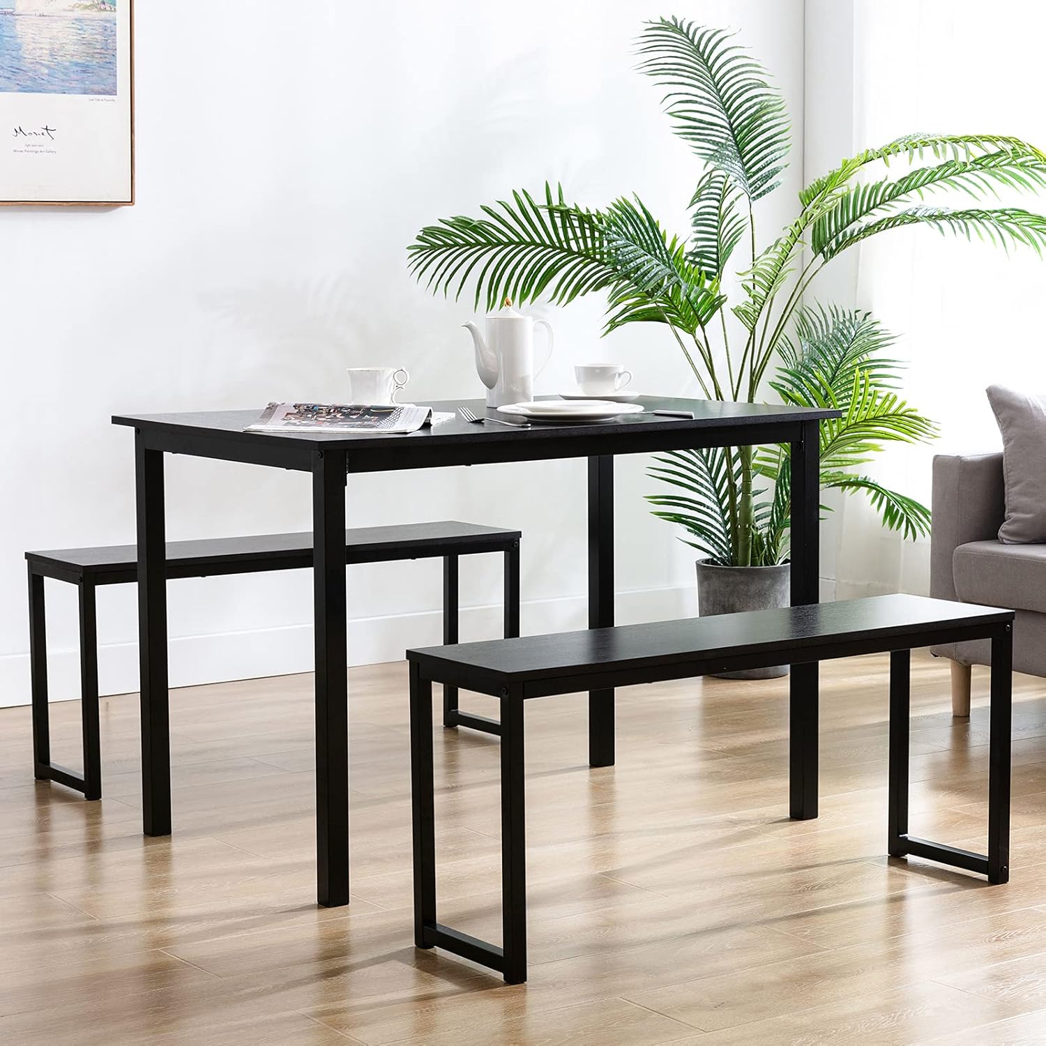 AUXSOUL Modern Kitchen Dining Table Set with Benches for 4, Small Spaces, Wood and Metal - 3 Piece Set(Espresso)