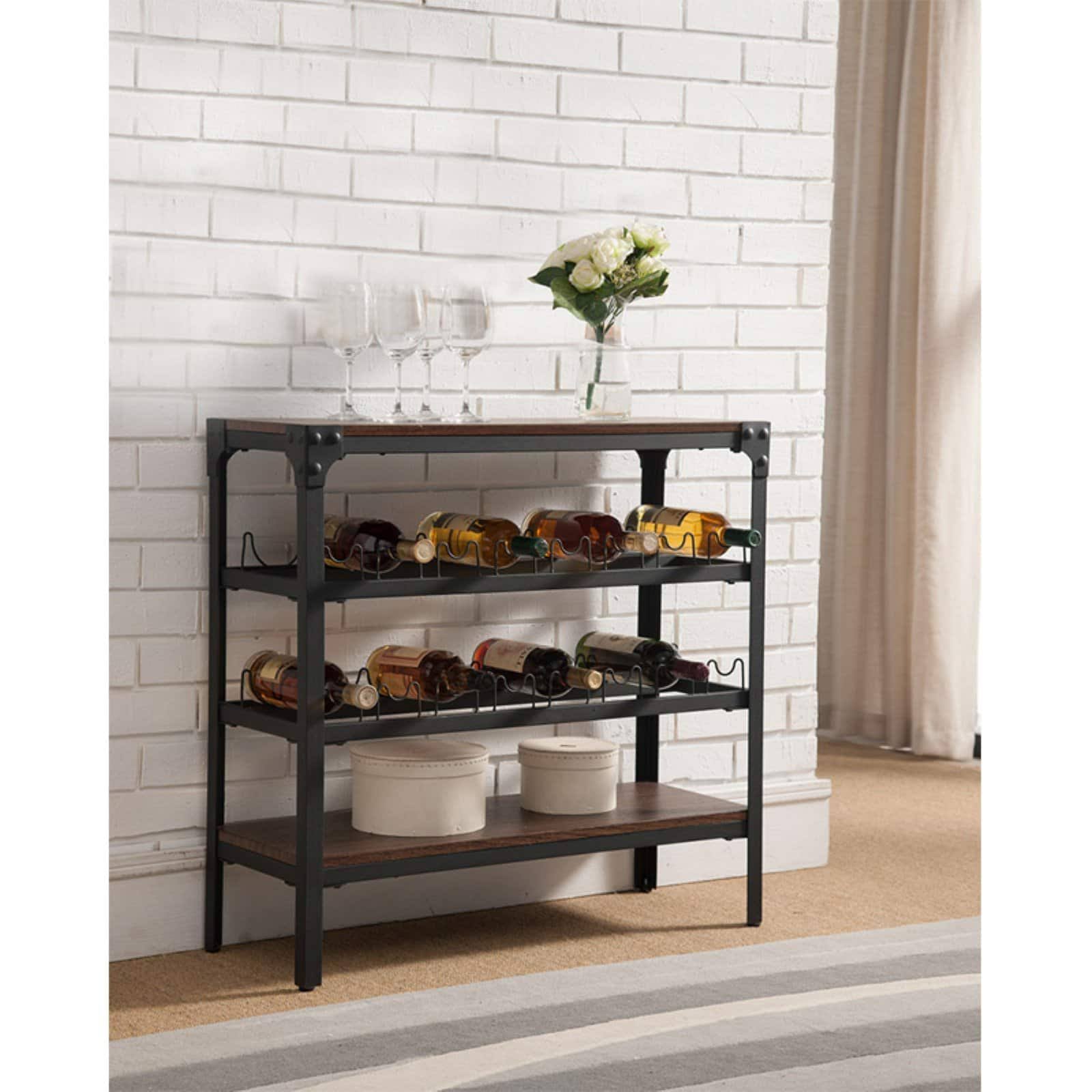 K u0026 B Furniture WR1253 Black u0026 Walnut Wood u0026 Metal Storage Wine Rack