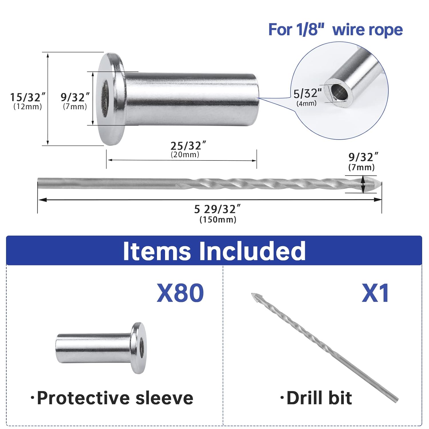 Muzata 80Pack Stainless Steel Protective Sleeves Cable Railing Kit Hardware for 1/8