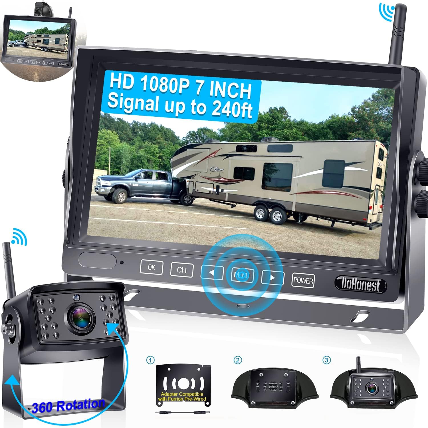 Trailer Backup Camera Wireless with 7'' Touch Key Monitor,HD 1080P Highway Observation No Delay Rear View Camera Compatible with Furrion Pre-Wired for RVs Truck 5th Wheel Harvester Crane -DoHonest S36
