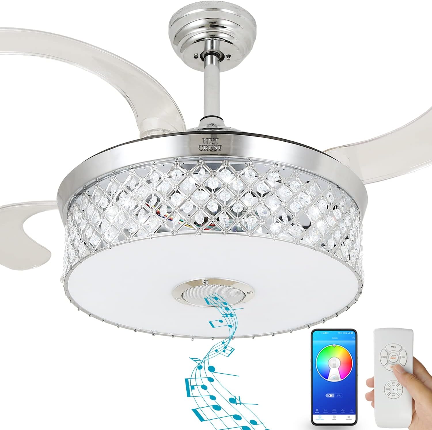 NUTCRUST Retractable Crystal Ceiling Fan with Light and Bluetooth Speaker, 7 Colors Change Bluetooth Speaker Music Player Modern Ceiling Fan Chandelier with Remote Control 36W LED 42 inch (Chrome)