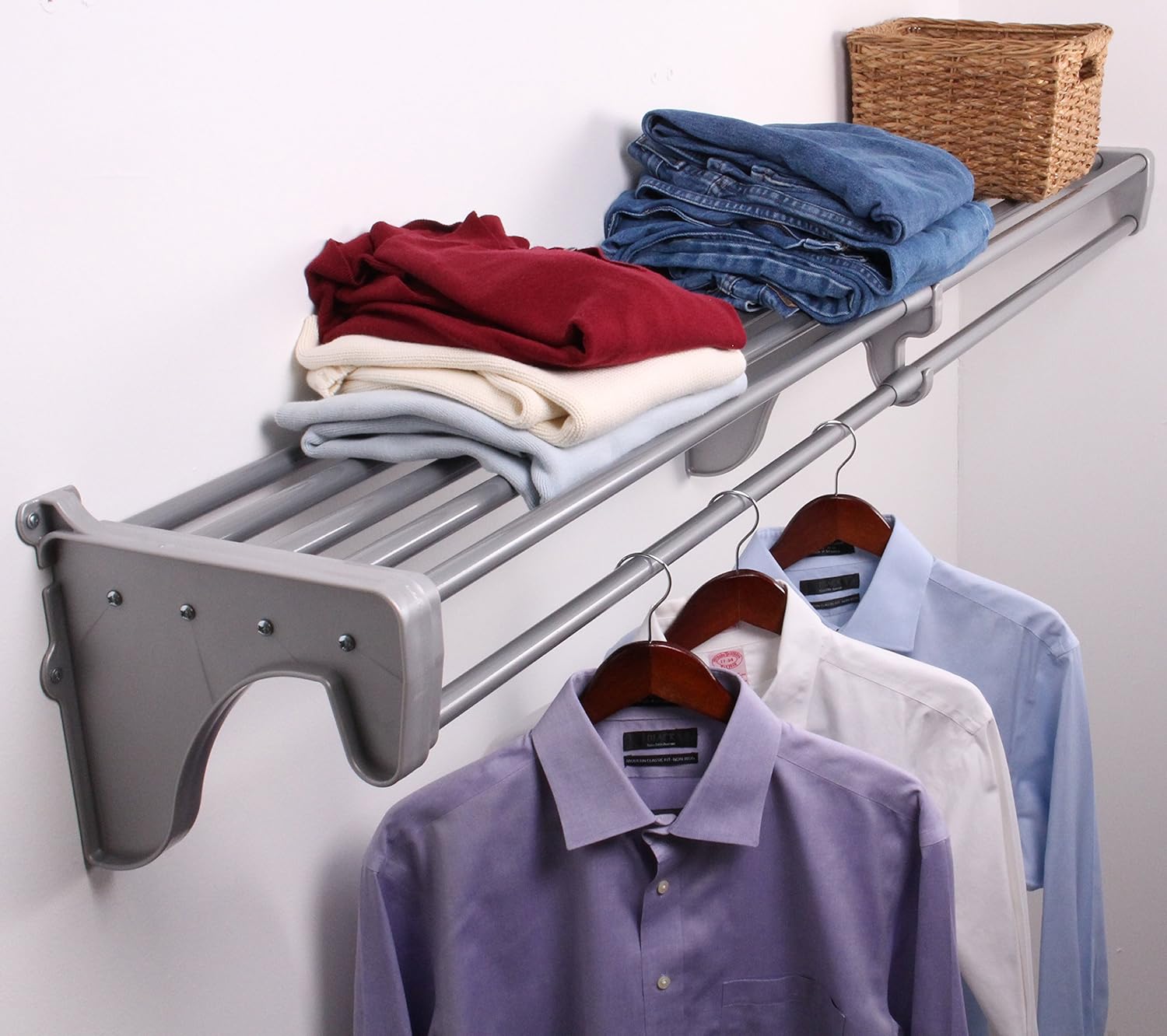 EZ Shelf DIY Expandable Closet Shelf & Rod - 29” - 49” - White - Mounts to 1 Sidewall and Backwall with 1 End Bracket -Easy to Install-Strong-Wire Shelving Alternative-Rod & Shelf Kit (EZS-SCRW48-1-1)